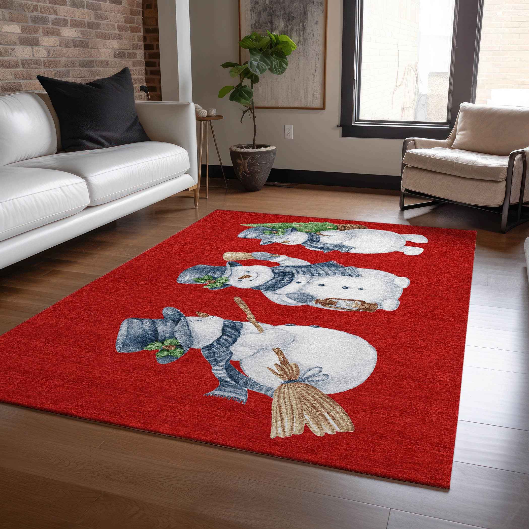5' X 8' Red Denim Blue And Ivory Botanical Leaves Washable Indoor Outdoor Area Rug