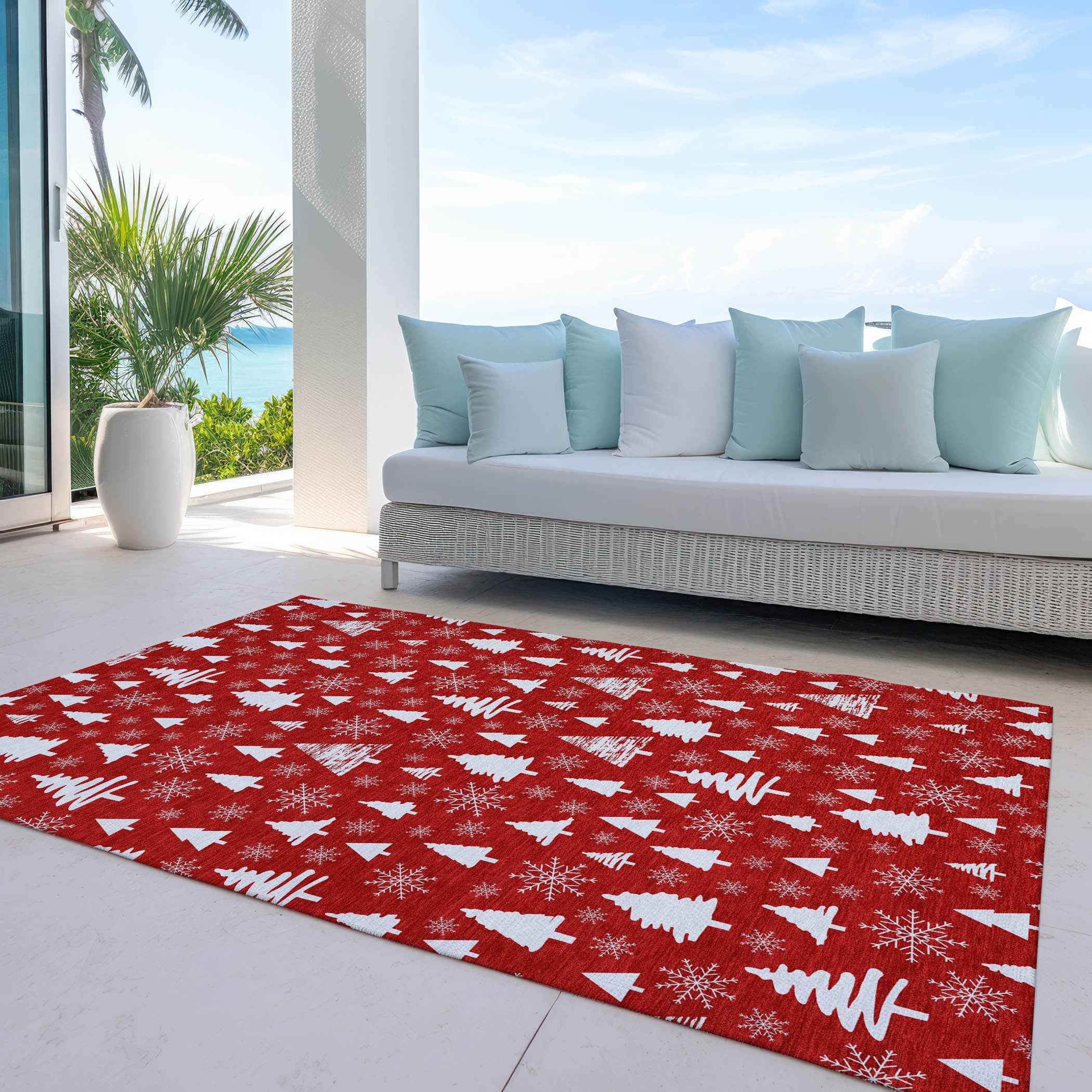 9' X 12' Red And Ivory Botanical Leaves Washable Indoor Outdoor Area Rug