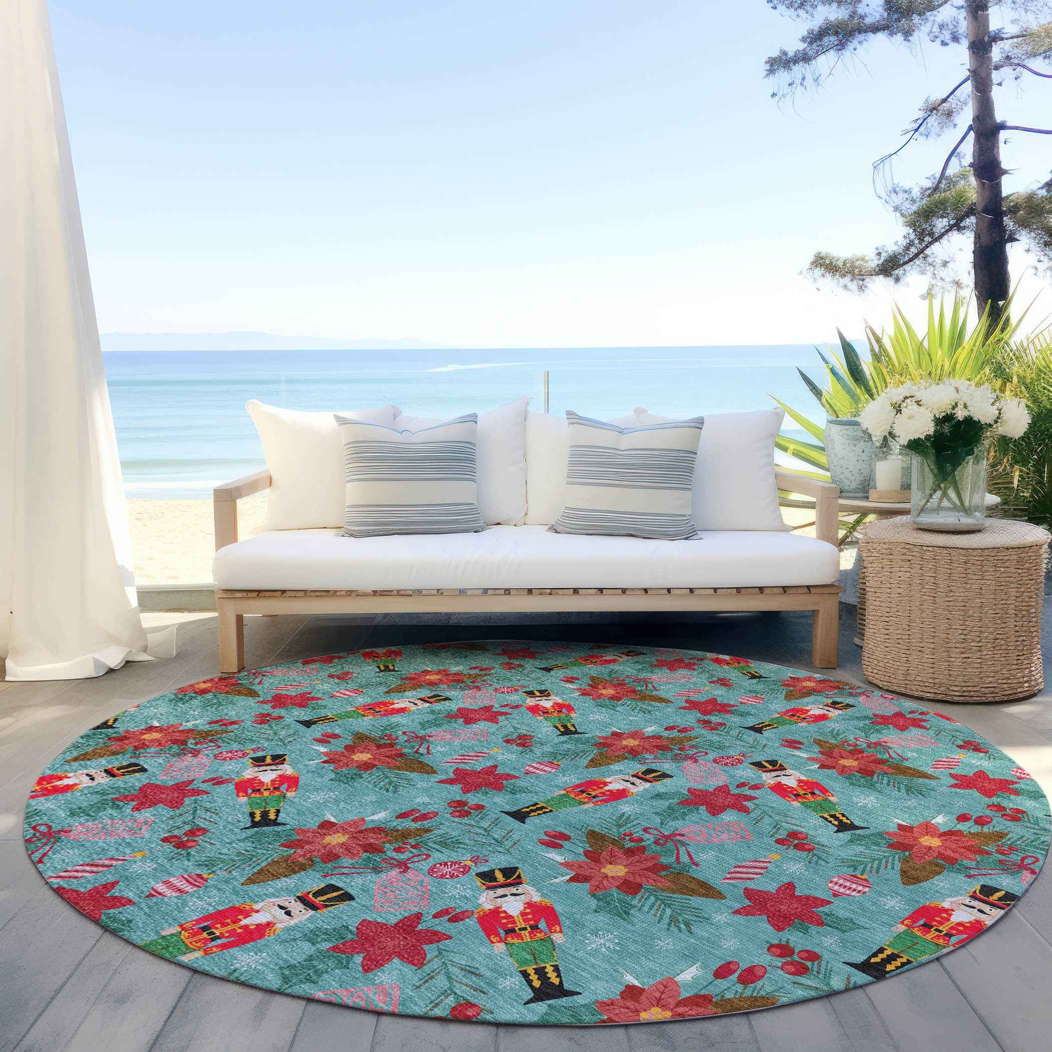 8' Teal Blue Red Black Pink And Brown Round Floral Washable Indoor Outdoor Area Rug