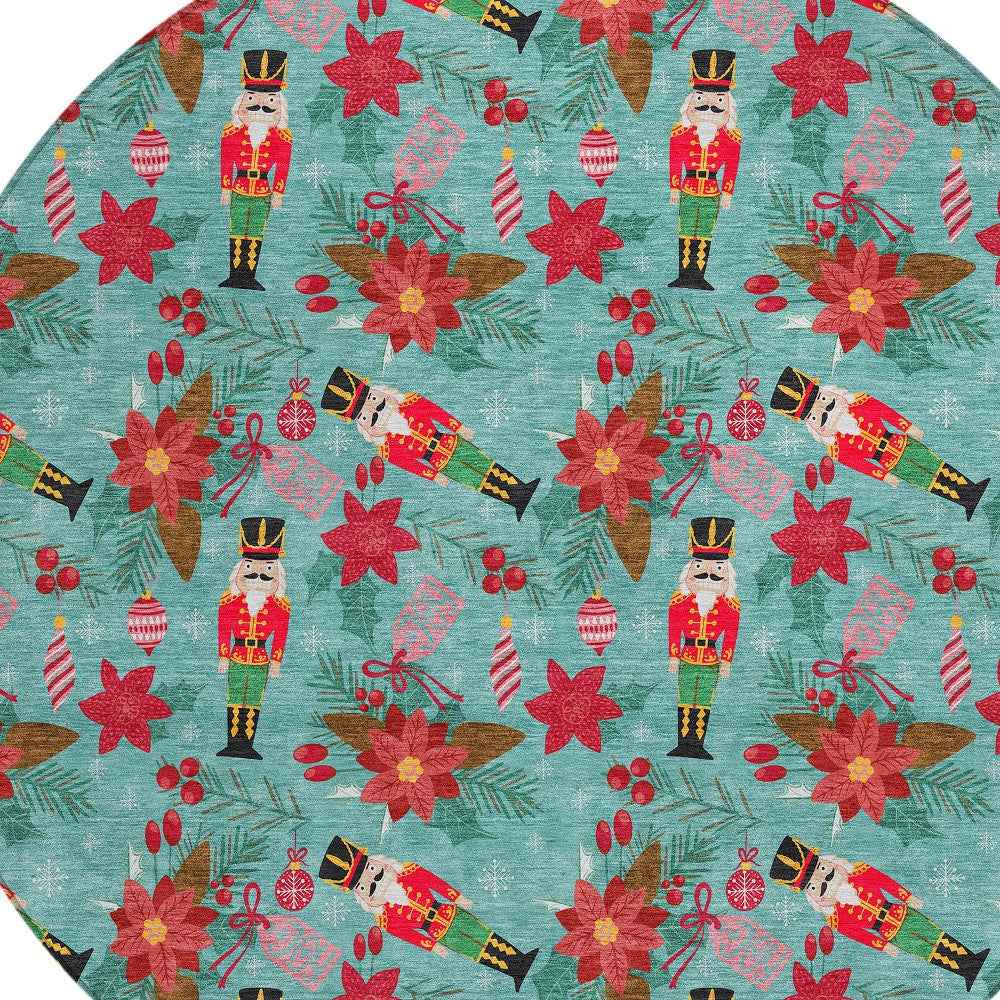 8' Teal Blue Red Black Pink And Brown Round Floral Washable Indoor Outdoor Area Rug
