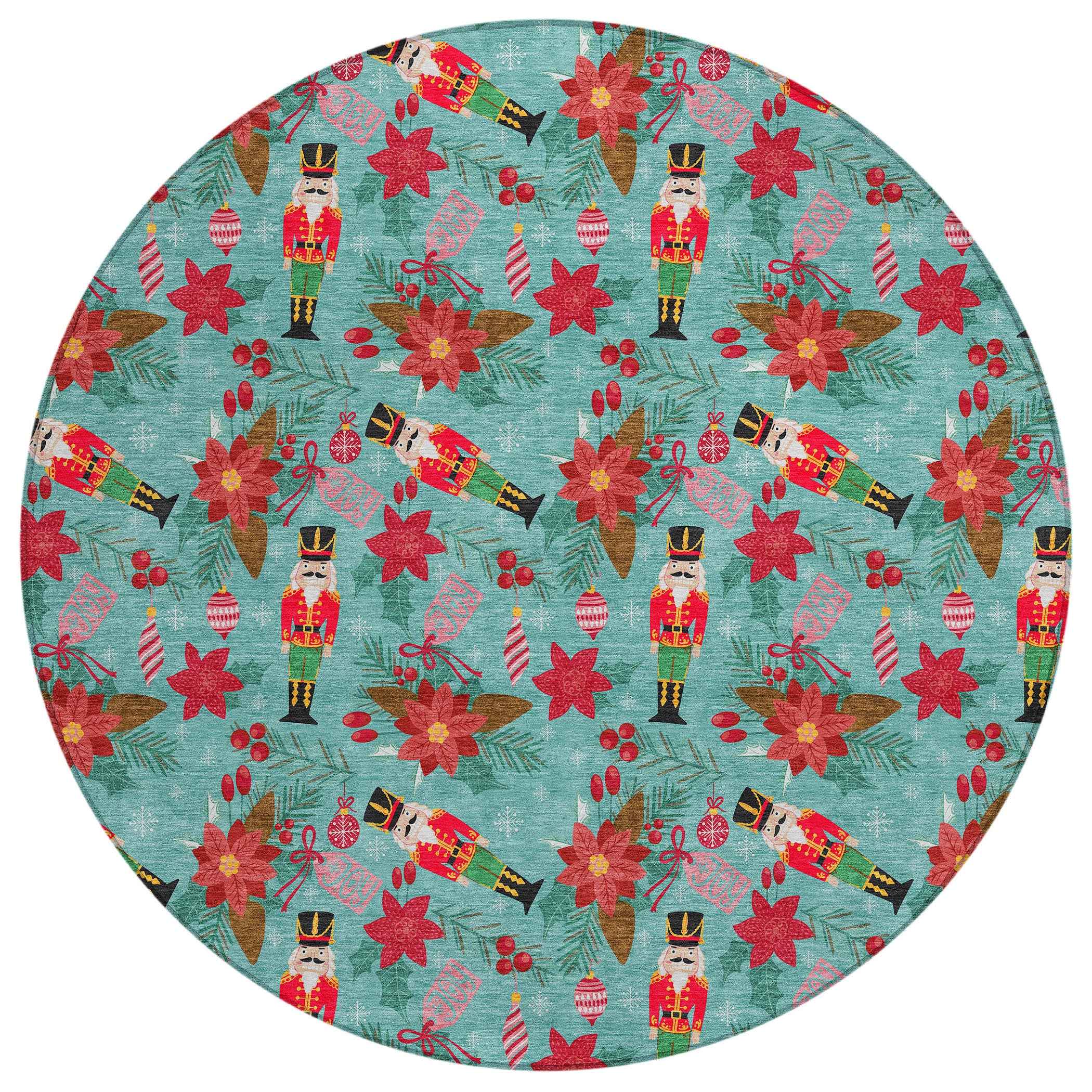 8' Teal Blue Red Black Pink And Brown Round Floral Washable Indoor Outdoor Area Rug