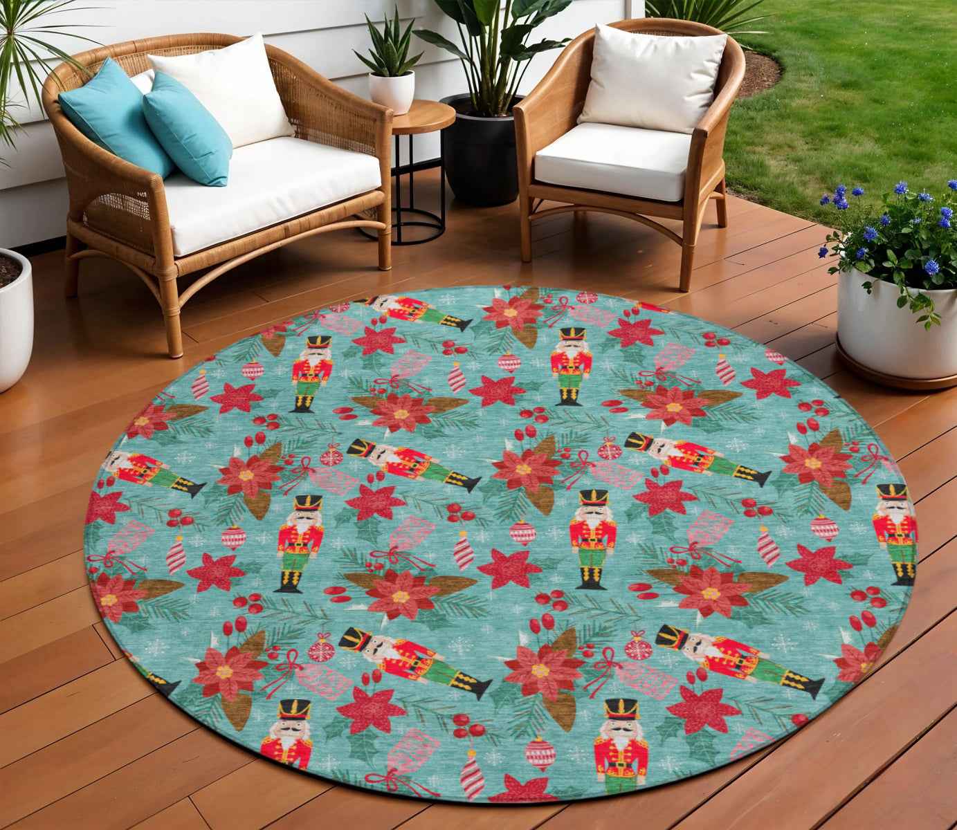 8' Teal Blue Red Black Pink And Brown Round Floral Washable Indoor Outdoor Area Rug