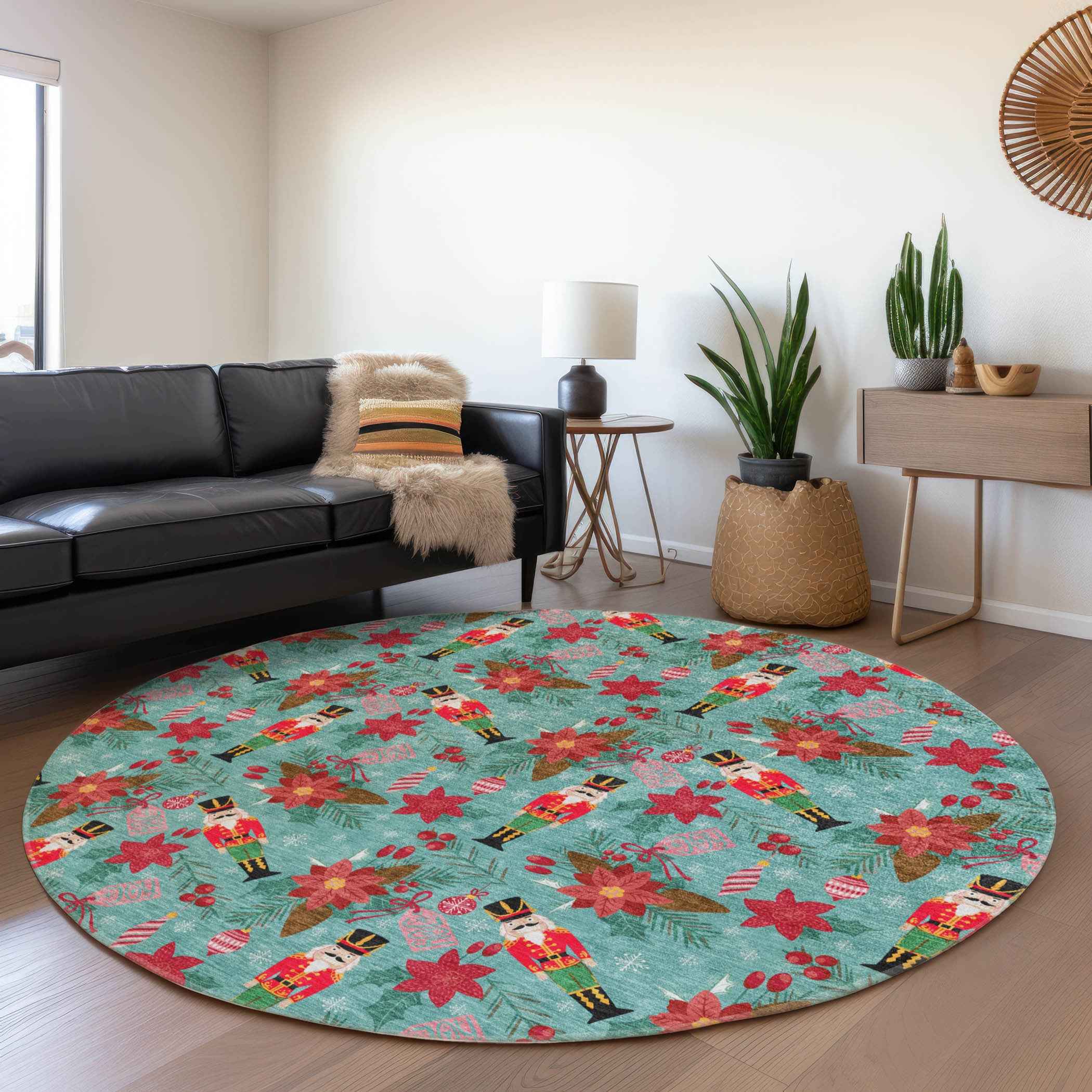 8' Teal Blue Red Black Pink And Brown Round Floral Washable Indoor Outdoor Area Rug