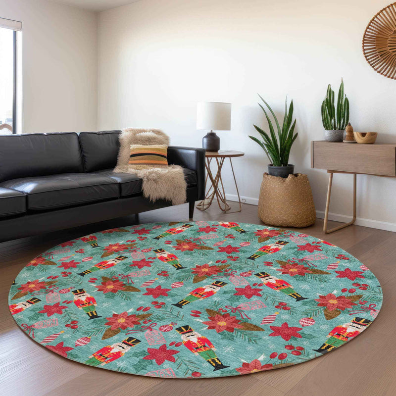 8' Teal Blue Red Black Pink And Brown Round Floral Washable Indoor Outdoor Area Rug