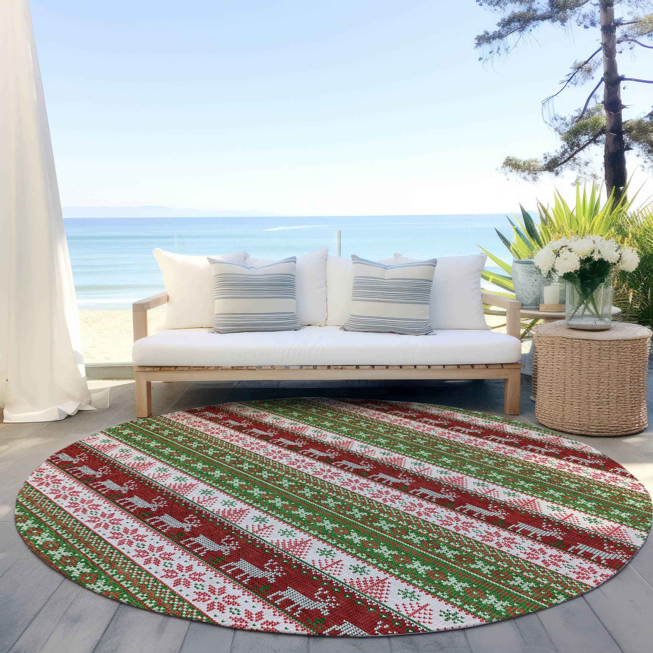 8' Green Ivory And Red Round Animal Print Washable Indoor Outdoor Area Rug