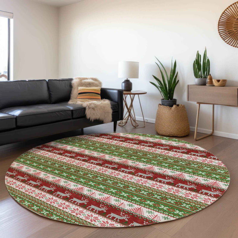 8' Green Ivory And Red Round Animal Print Washable Indoor Outdoor Area Rug