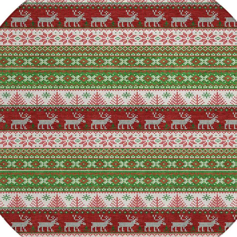 8' Green Ivory And Red Round Animal Print Washable Indoor Outdoor Area Rug