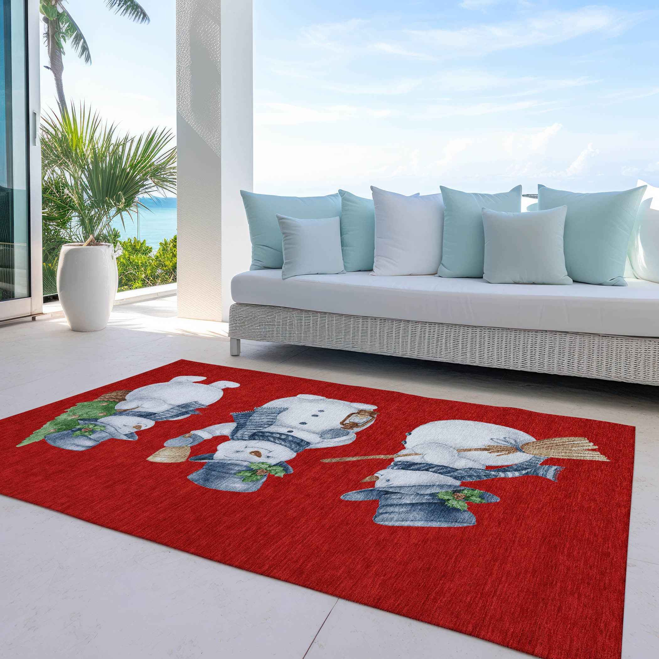 9' X 12' Red Denim Blue And Ivory Botanical Leaves Washable Indoor Outdoor Area Rug