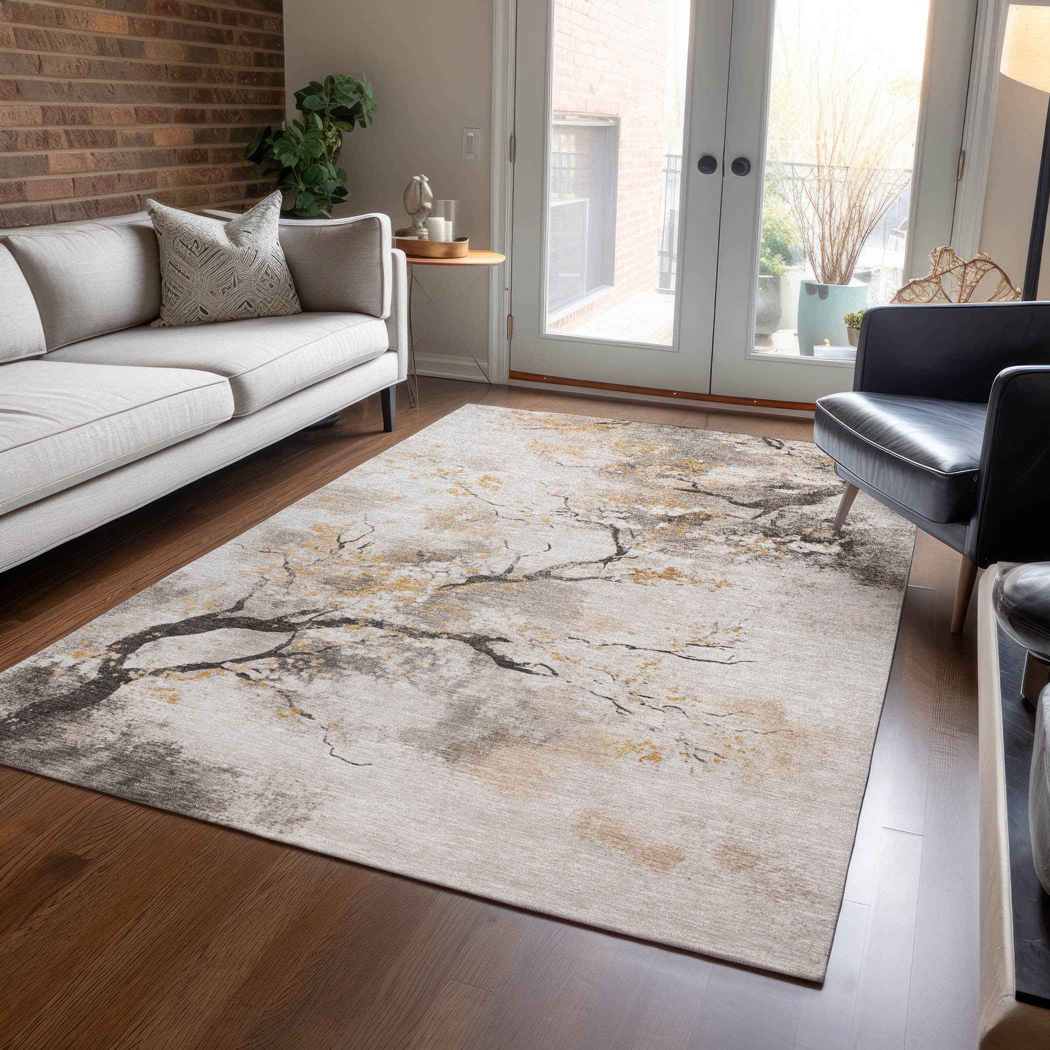 9' X 12' Beige Charcoal And Gold Floral Washable Indoor Outdoor Area Rug