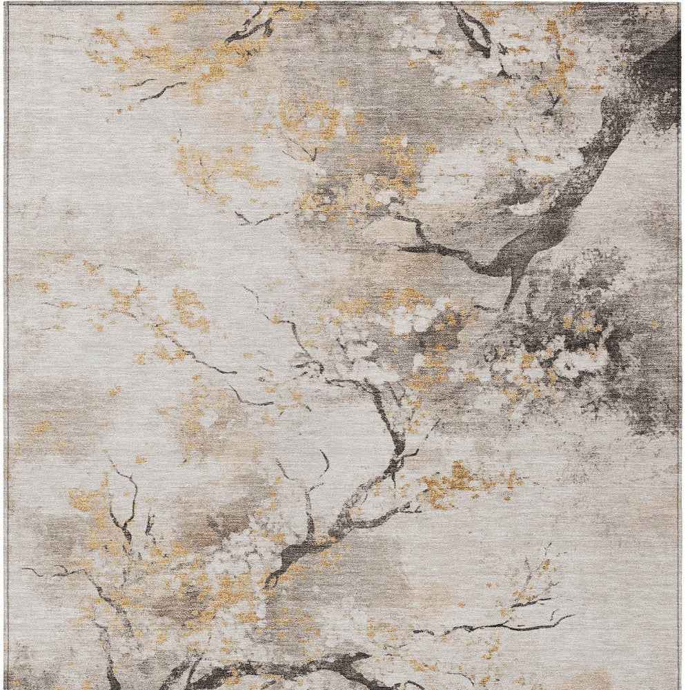 9' X 12' Beige Charcoal And Gold Floral Washable Indoor Outdoor Area Rug