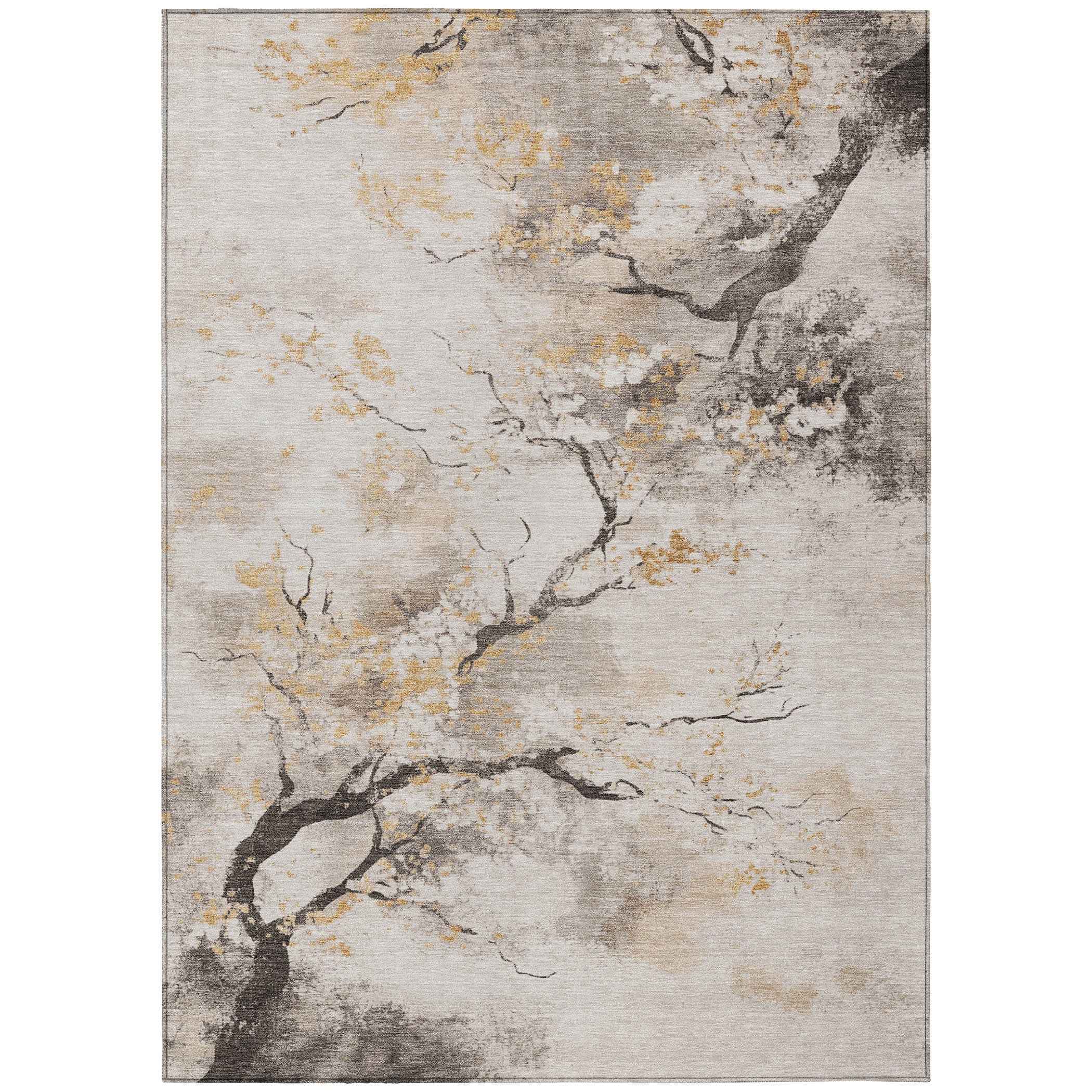 9' X 12' Beige Charcoal And Gold Floral Washable Indoor Outdoor Area Rug