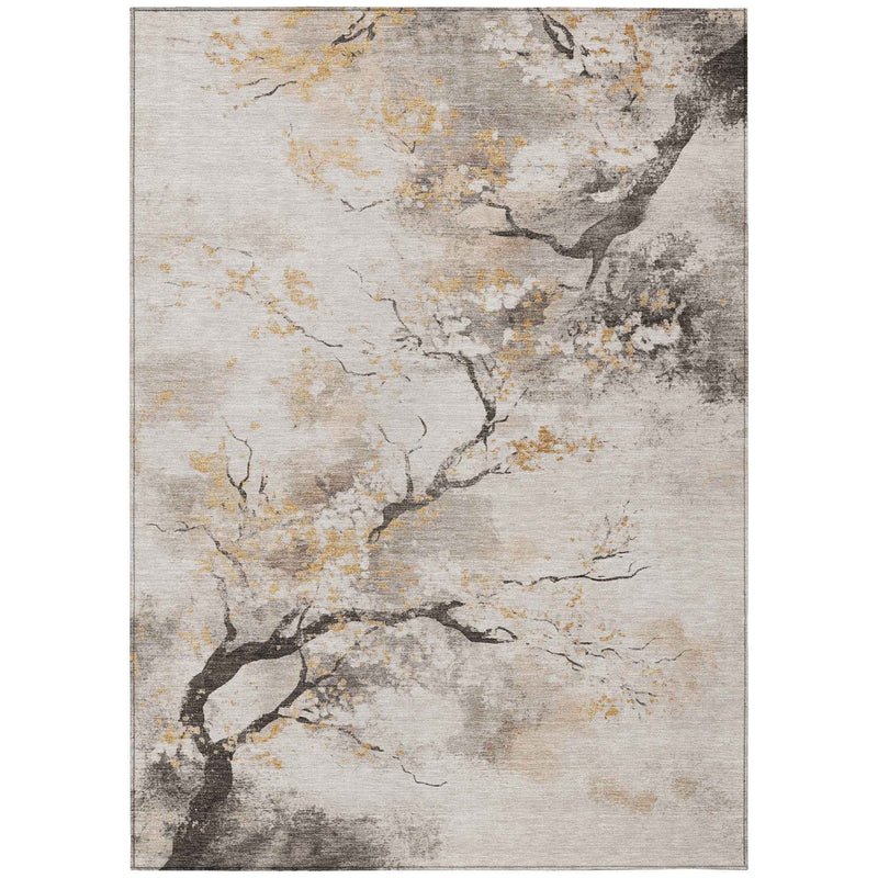 9' X 12' Beige Charcoal And Gold Floral Washable Indoor Outdoor Area Rug