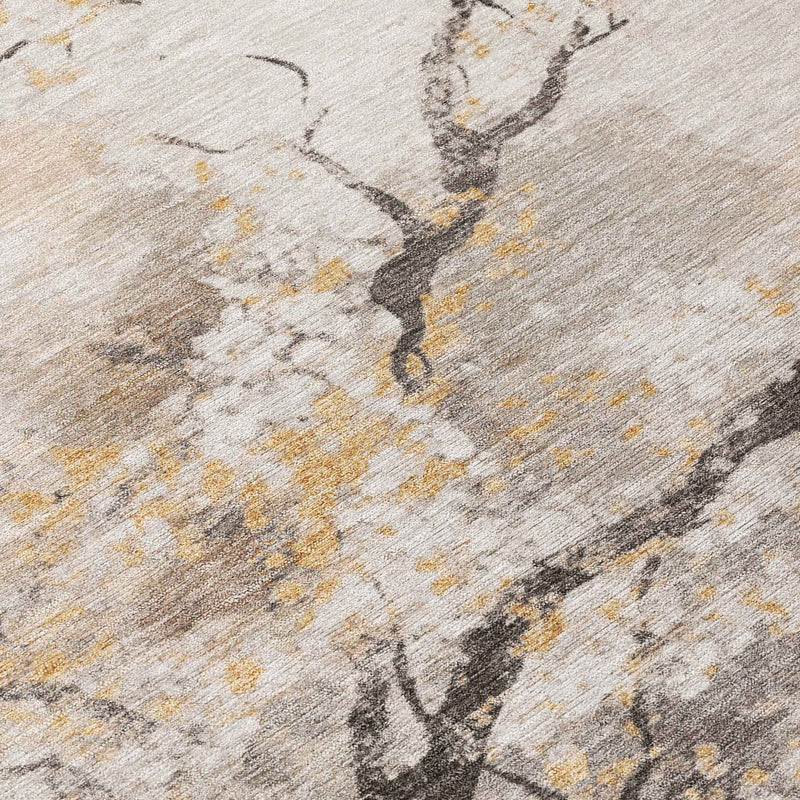 9' X 12' Beige Charcoal And Gold Floral Washable Indoor Outdoor Area Rug