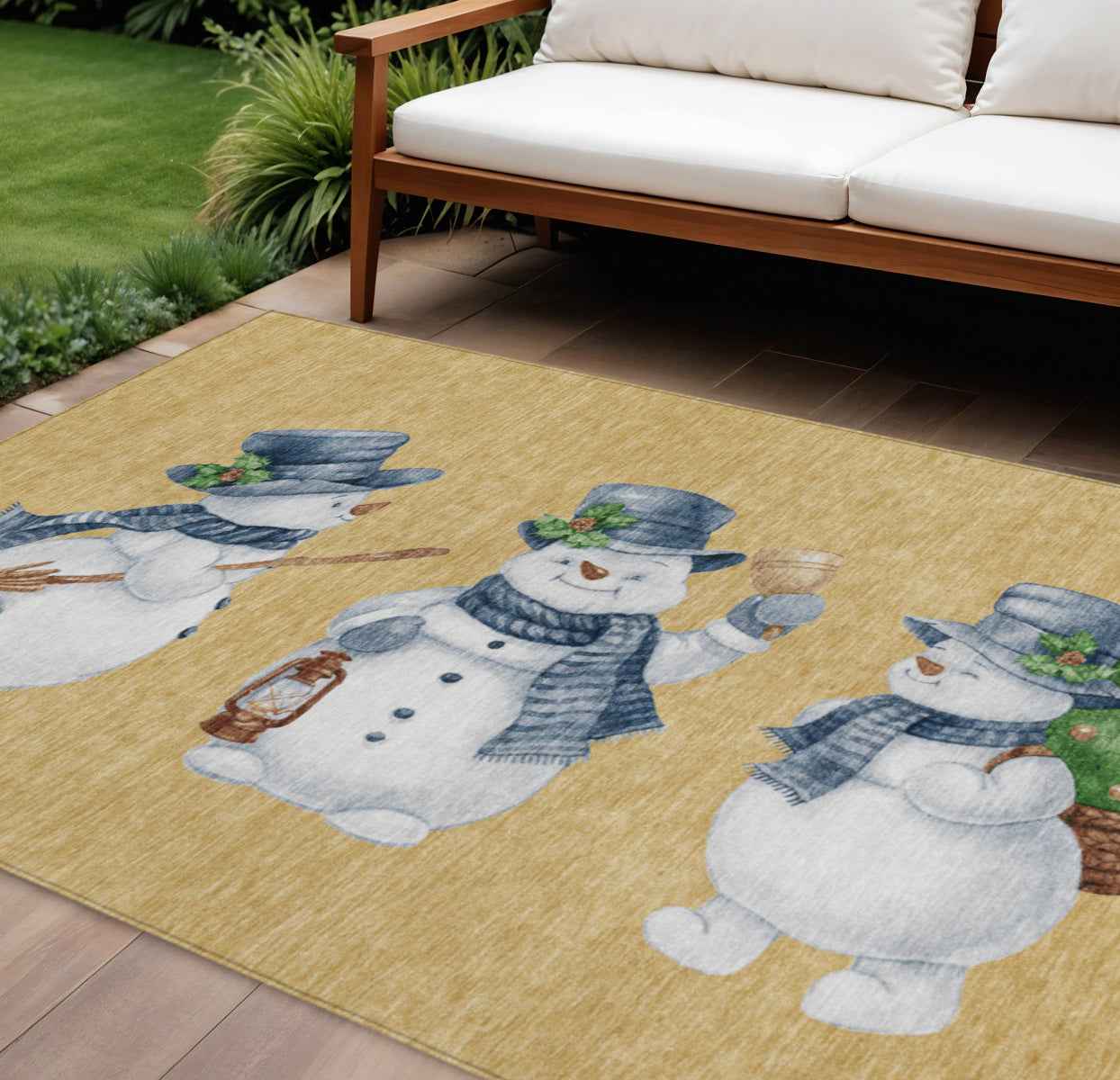 8' X 10' Gold Denim Blue And Ivory Botanical Leaves Washable Indoor Outdoor Area Rug
