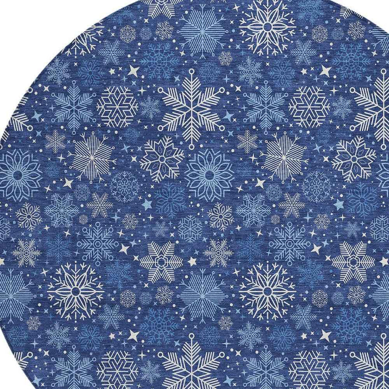 8' Navy Blue Ivory And Sky Blue Round Medallion Washable Indoor Outdoor Area Rug