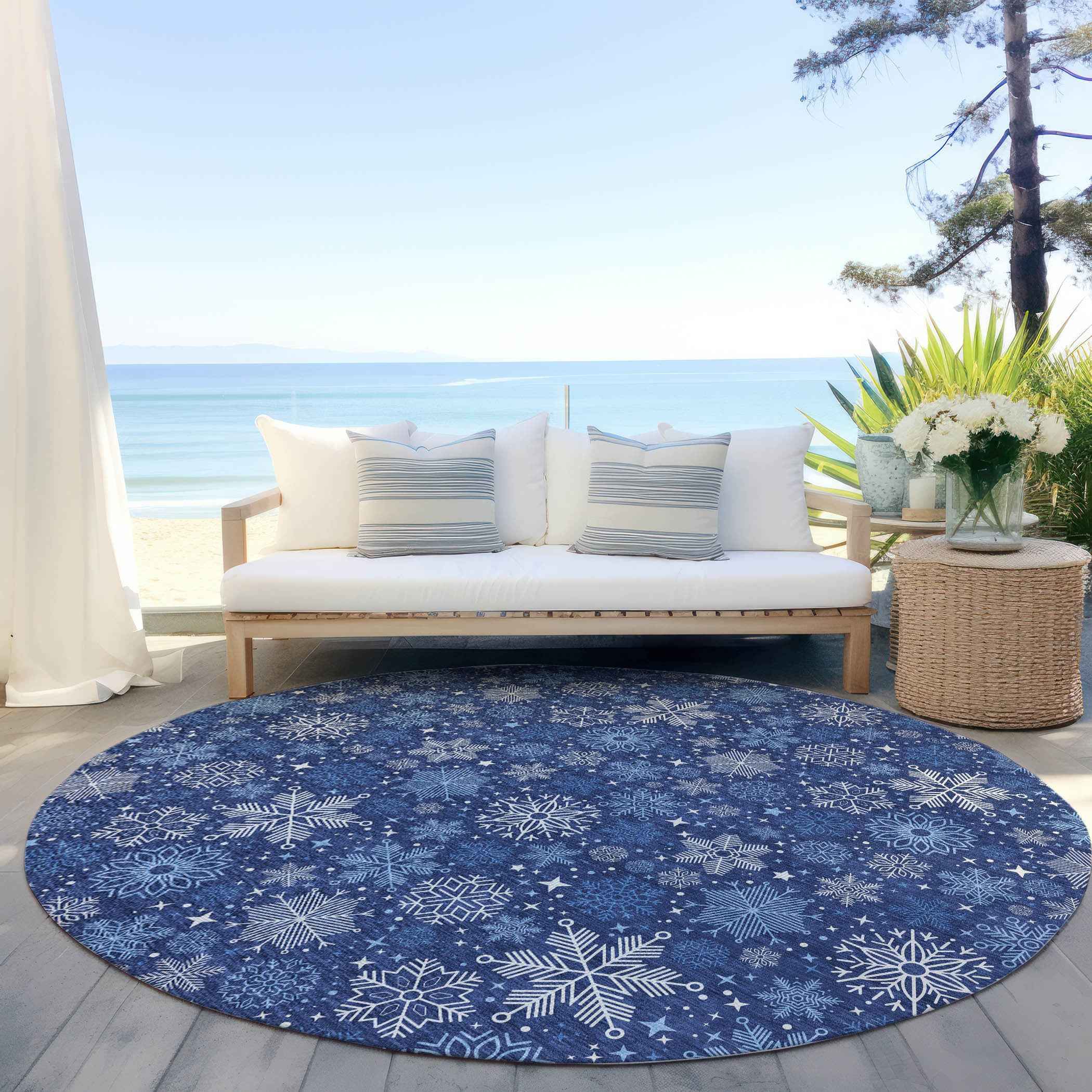 8' Navy Blue Ivory And Sky Blue Round Medallion Washable Indoor Outdoor Area Rug