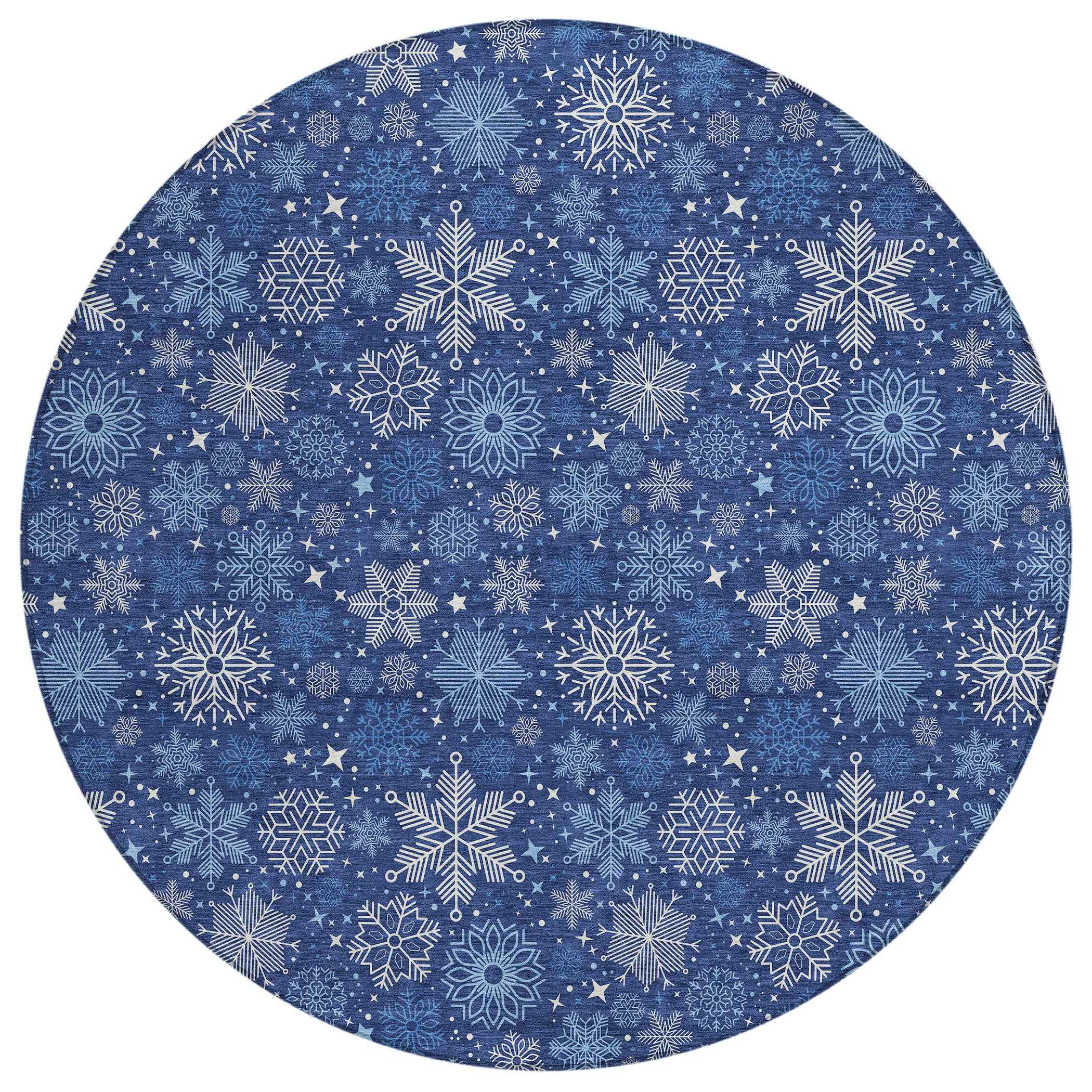 8' Navy Blue Ivory And Sky Blue Round Medallion Washable Indoor Outdoor Area Rug