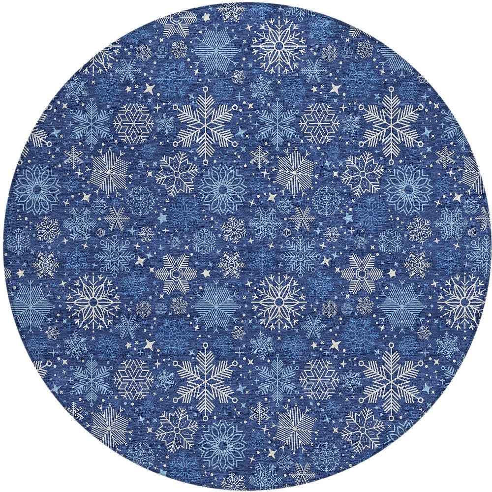 8' Navy Blue Ivory And Sky Blue Round Medallion Washable Indoor Outdoor Area Rug