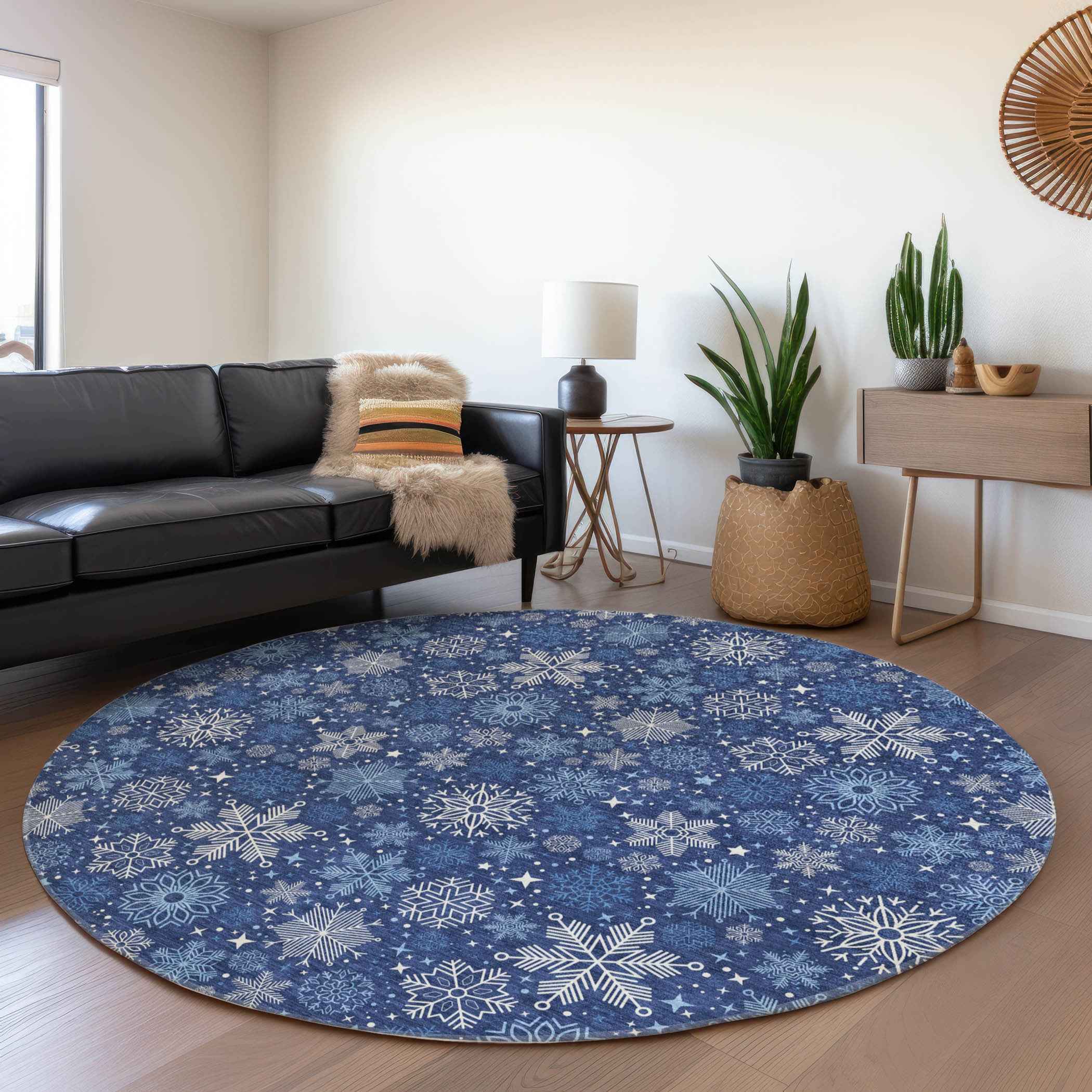 8' Navy Blue Ivory And Sky Blue Round Medallion Washable Indoor Outdoor Area Rug