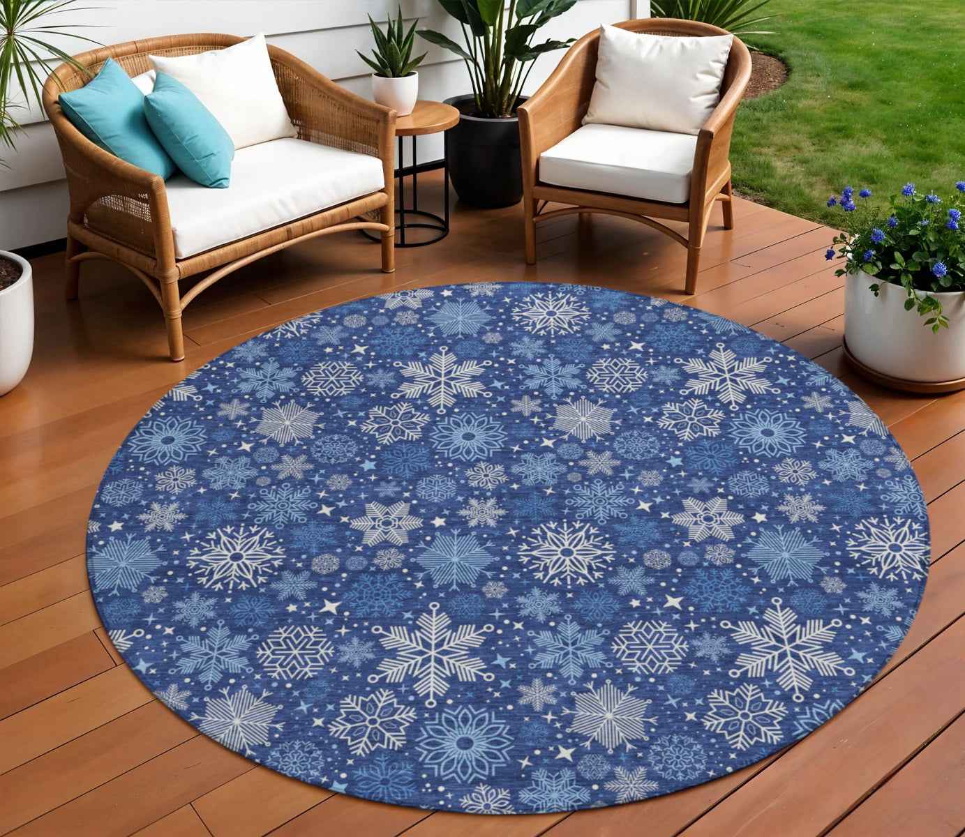 8' Navy Blue Ivory And Sky Blue Round Medallion Washable Indoor Outdoor Area Rug