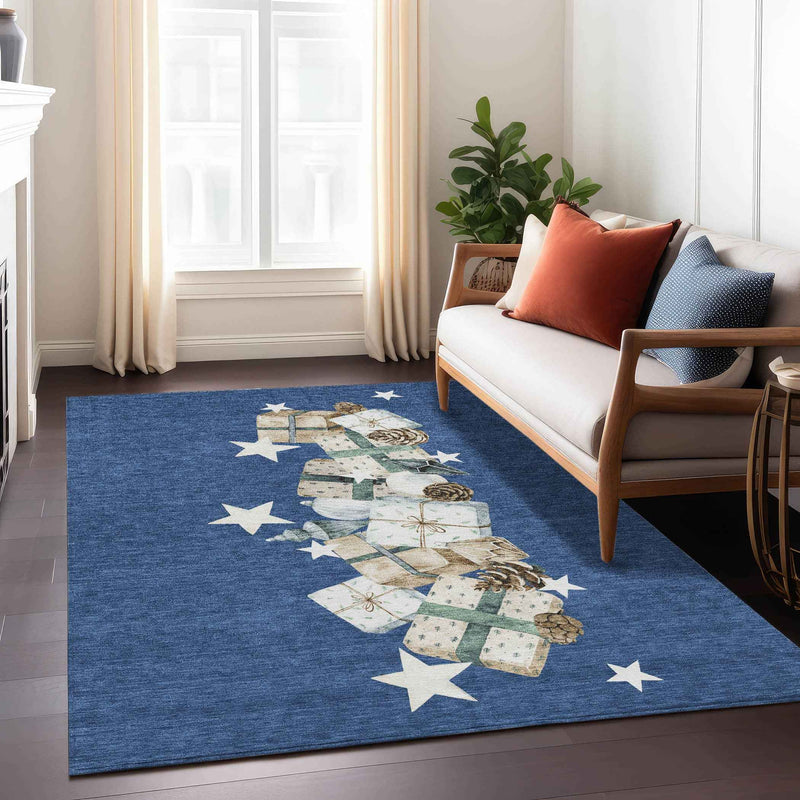 9' X 12' Navy Blue Beige Ivory And Taupe Geometric Washable Indoor Outdoor Area Rug