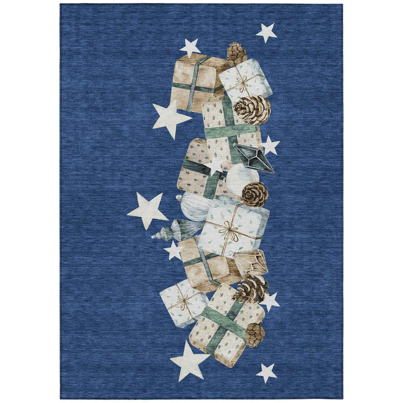 9' X 12' Navy Blue Beige Ivory And Taupe Geometric Washable Indoor Outdoor Area Rug