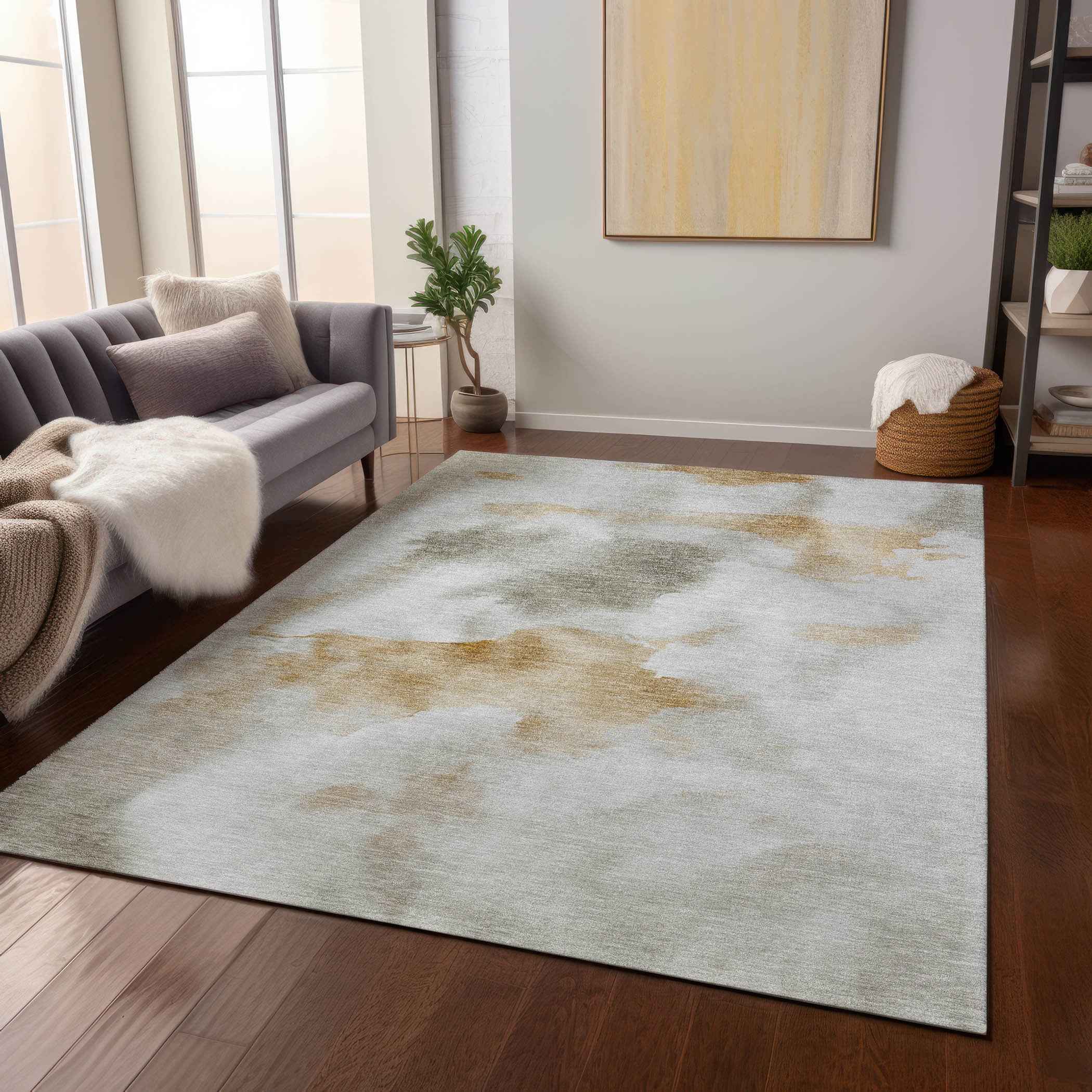 9' X 12' Beige Copper And Gray Abstract Washable Indoor Outdoor Area Rug