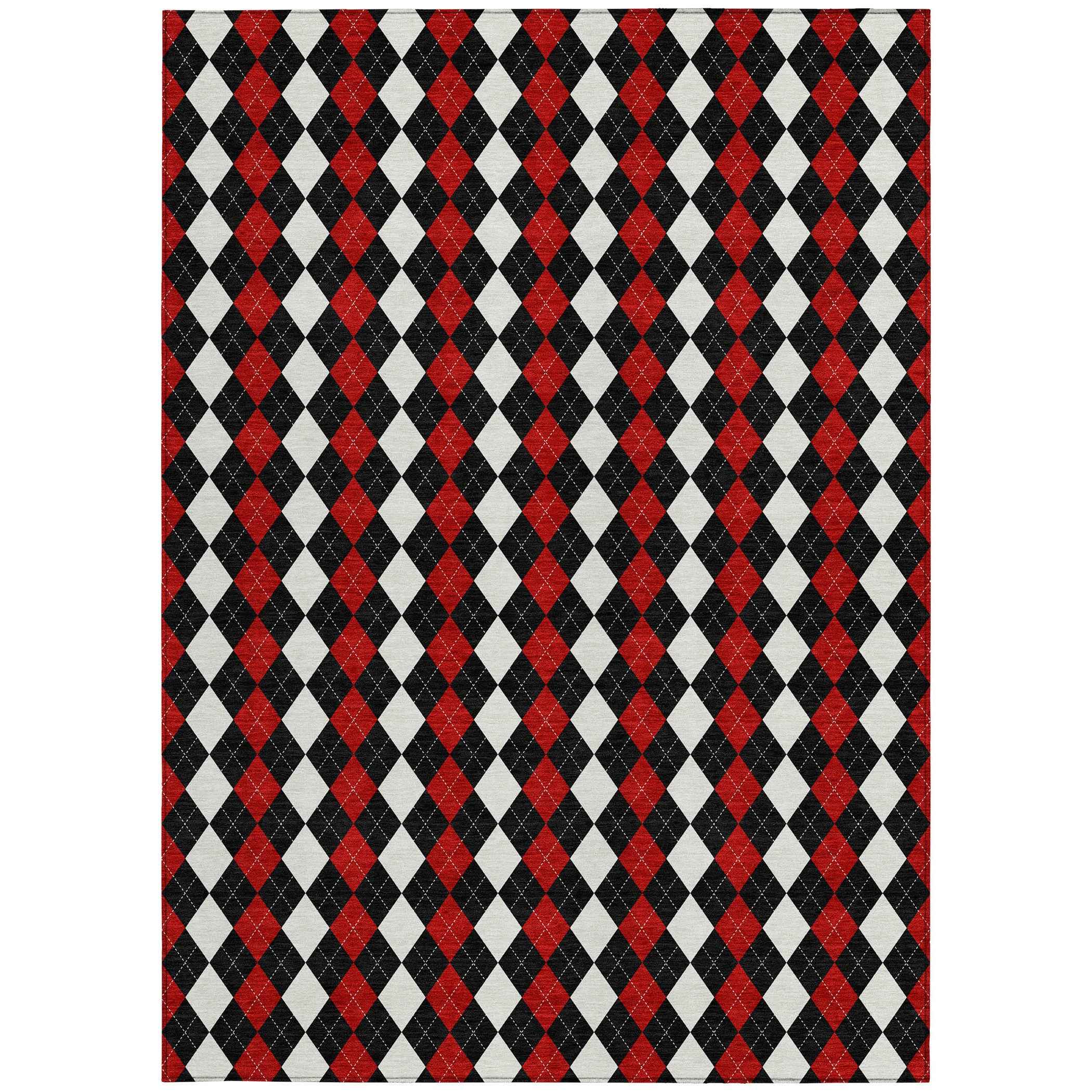 9' X 12' Black Red And White Argyle Washable Indoor Outdoor Area Rug