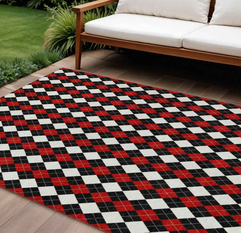 9' X 12' Black Red And White Argyle Washable Indoor Outdoor Area Rug
