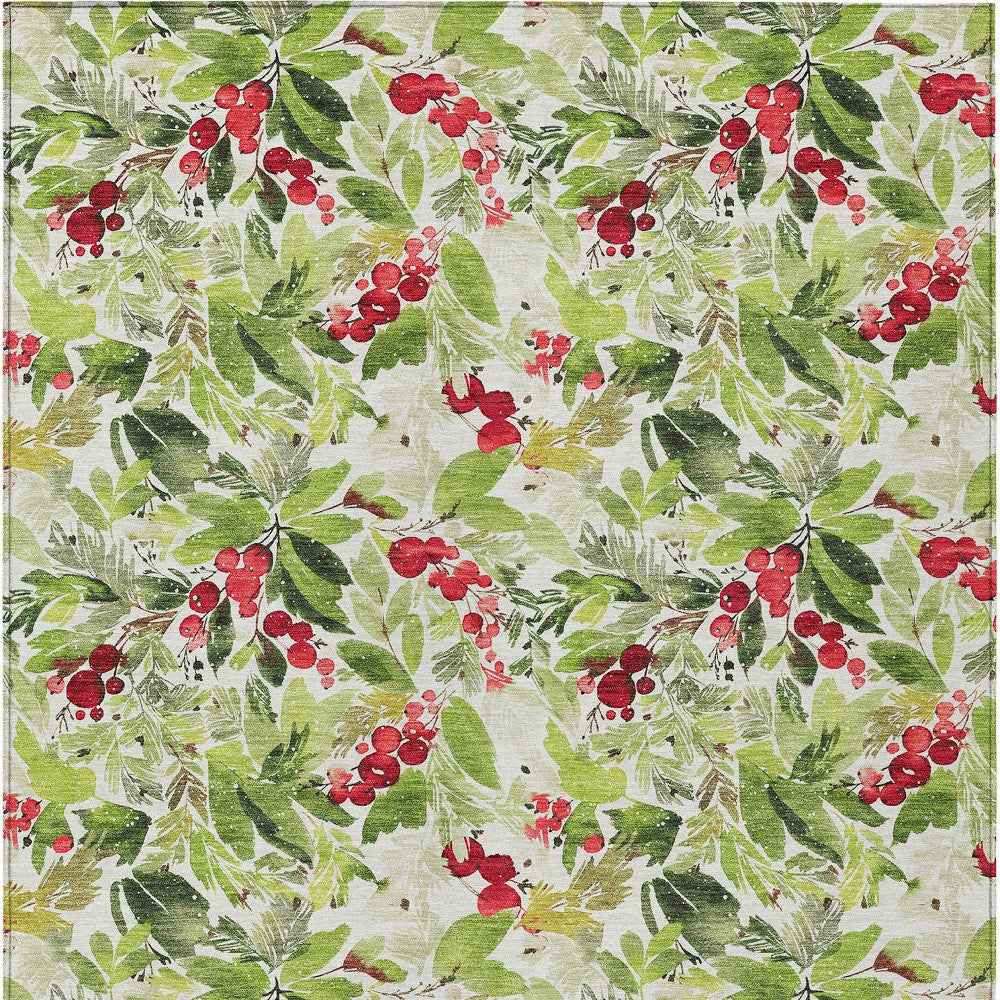 9' X 12' Artichoke Green Burgundy And Ivory Botanical Leaves Washable Indoor Outdoor Area Rug