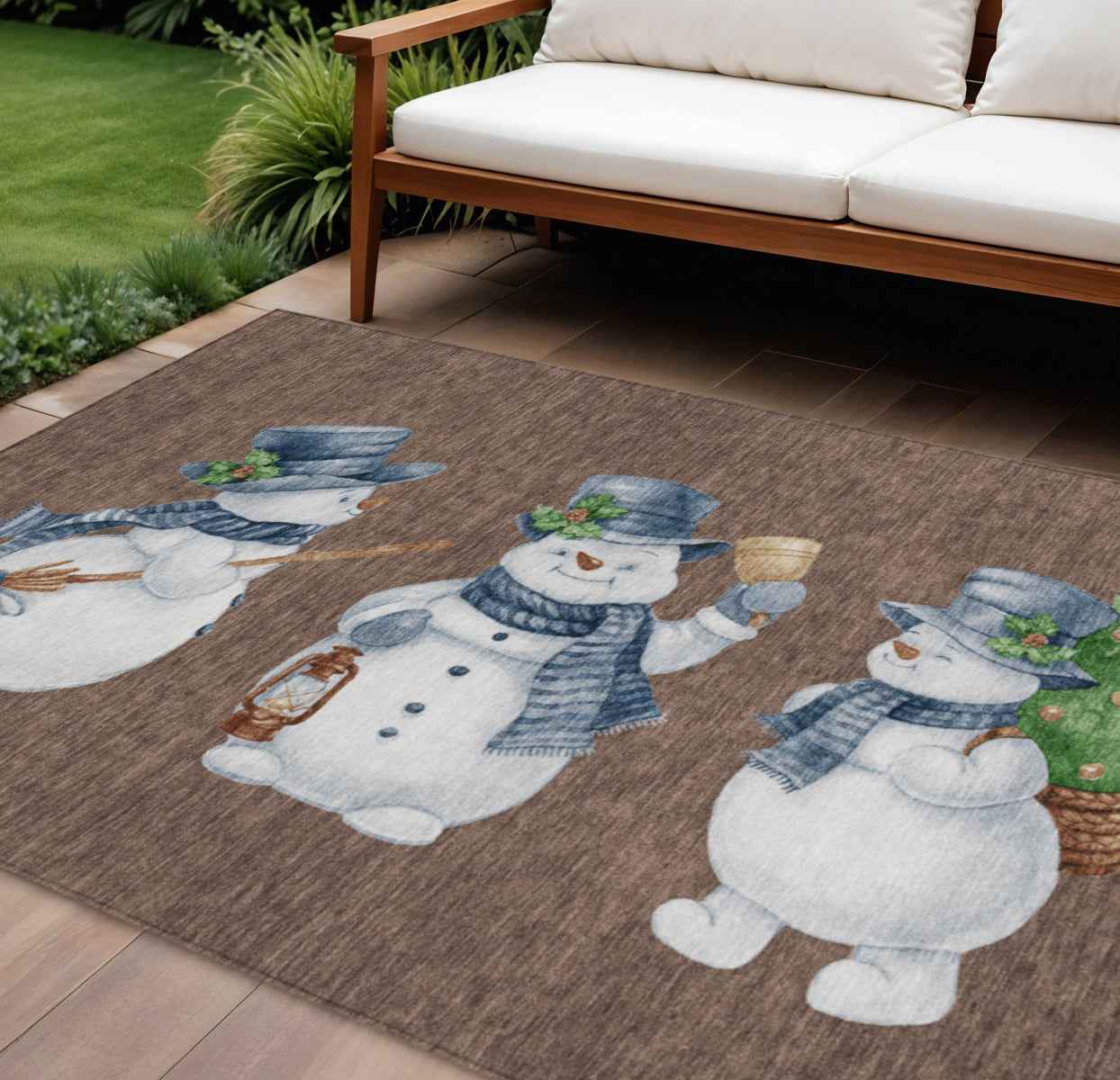 10' X 14' Brown Denim Blue And Ivory Botanical Leaves Washable Indoor Outdoor Area Rug