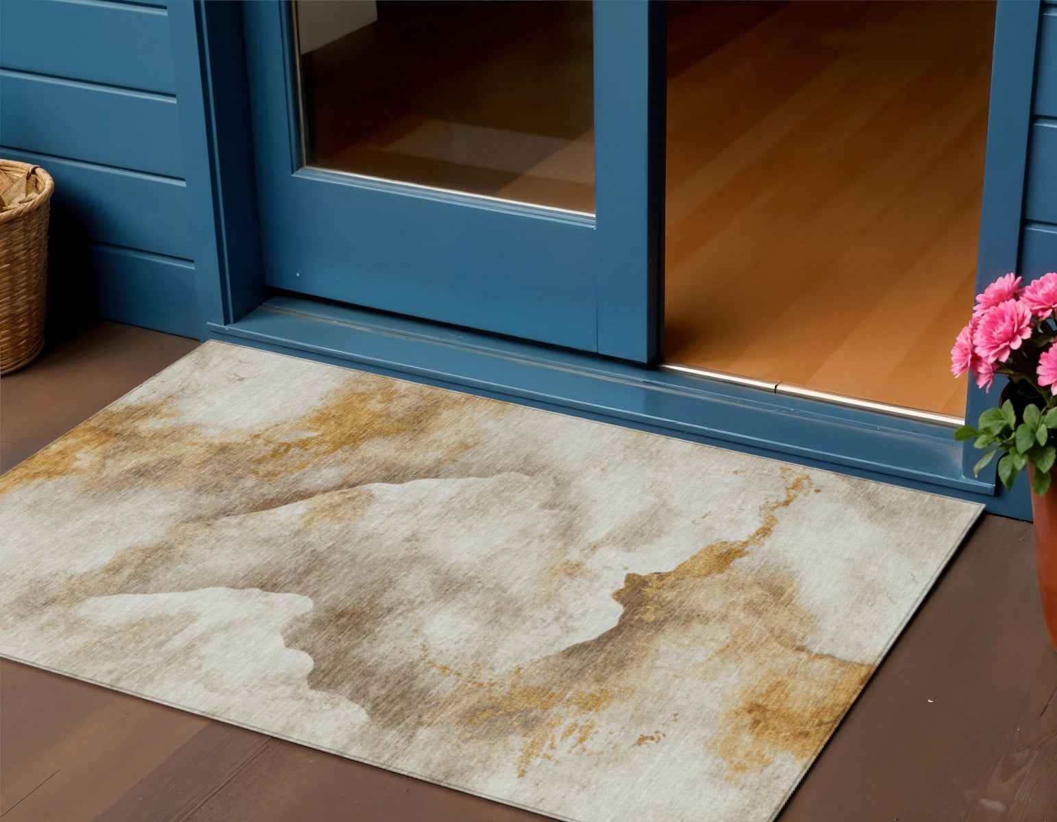 3' X 5' Beige And Gold Abstract Washable Indoor Outdoor Area Rug