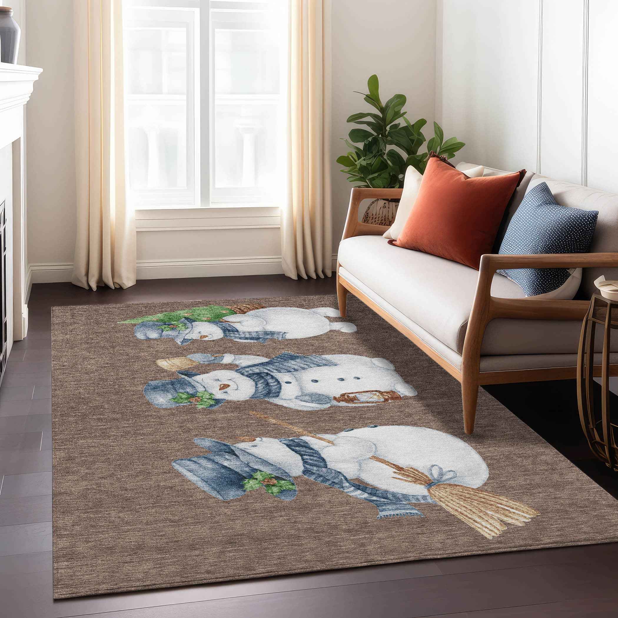 8' X 10' Brown Denim Blue And Ivory Botanical Leaves Washable Indoor Outdoor Area Rug