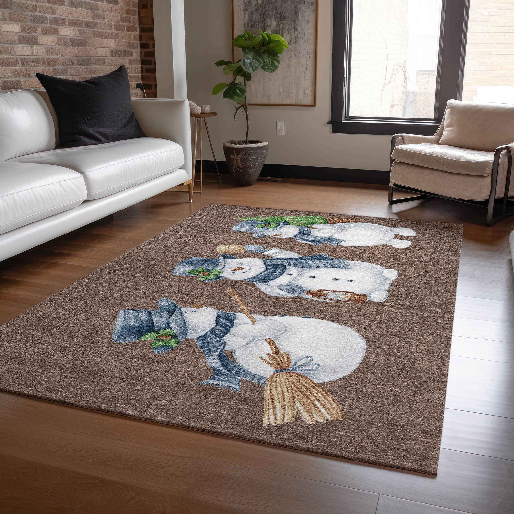 8' X 10' Brown Denim Blue And Ivory Botanical Leaves Washable Indoor Outdoor Area Rug