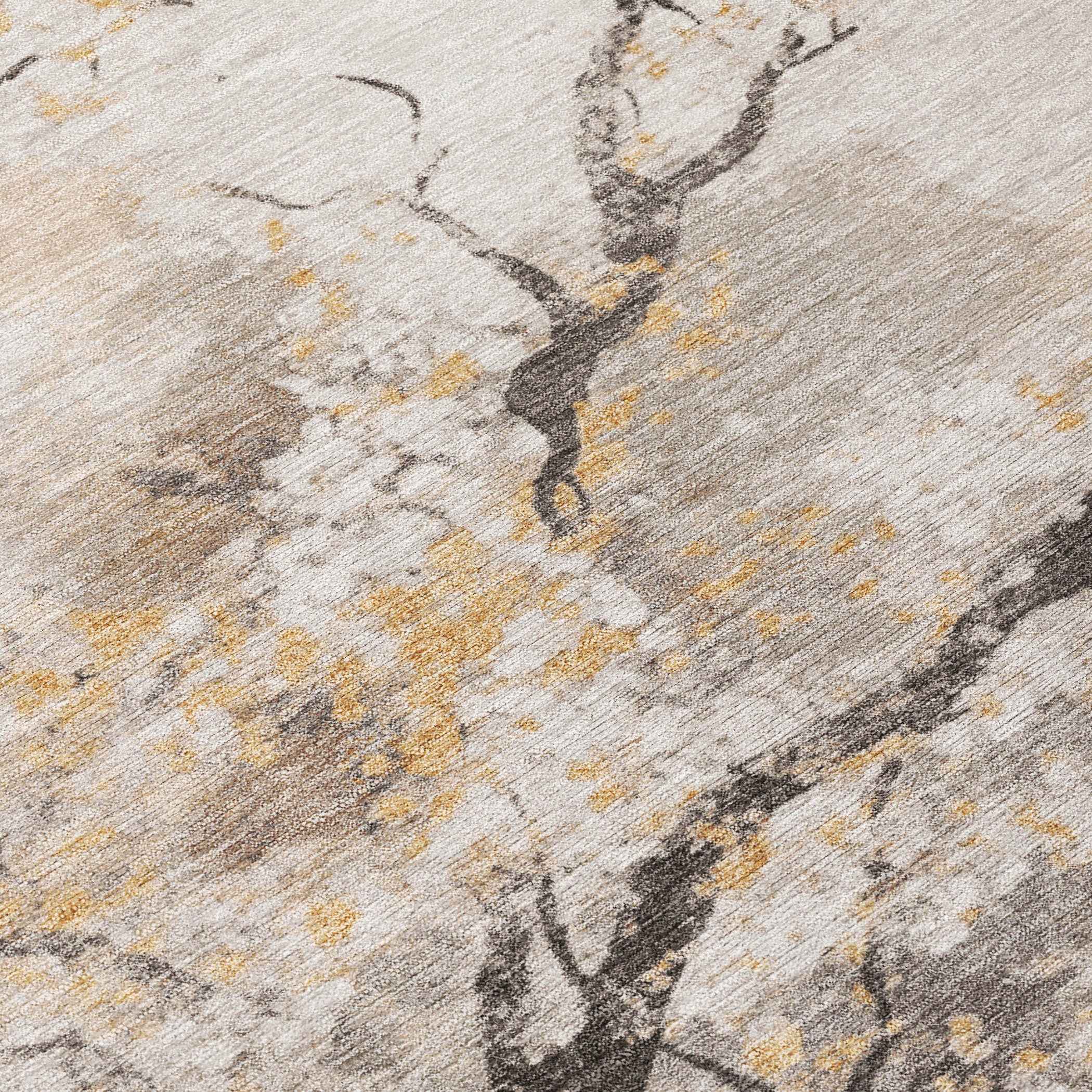 10' X 14' Beige Charcoal And Gold Floral Washable Indoor Outdoor Area Rug