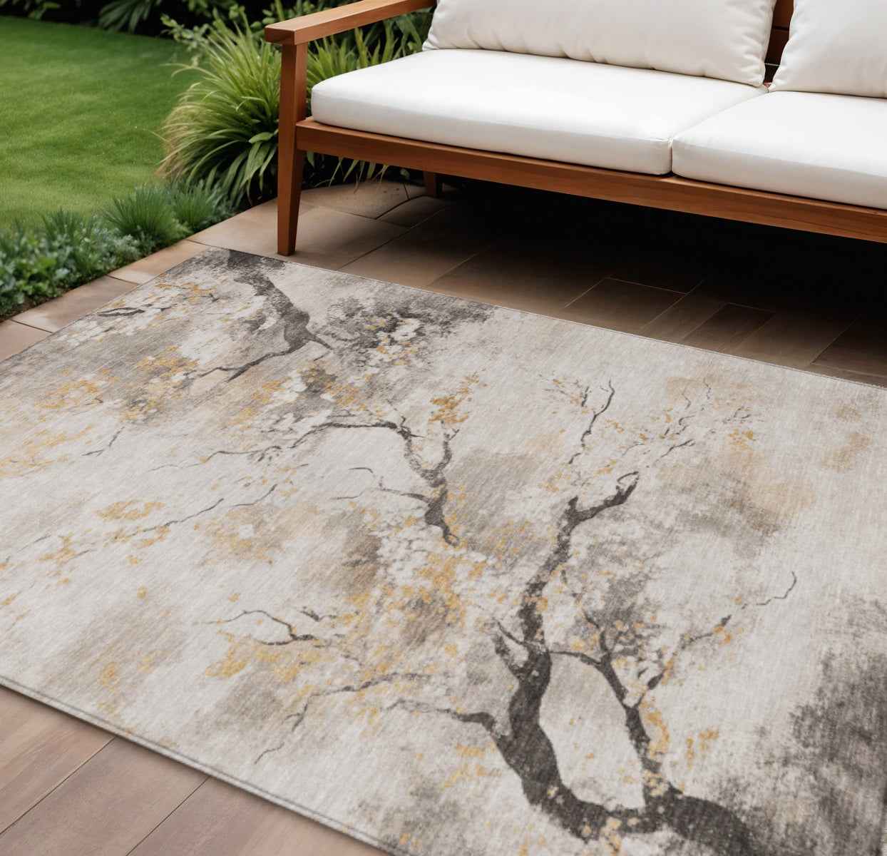 10' X 14' Beige Charcoal And Gold Floral Washable Indoor Outdoor Area Rug