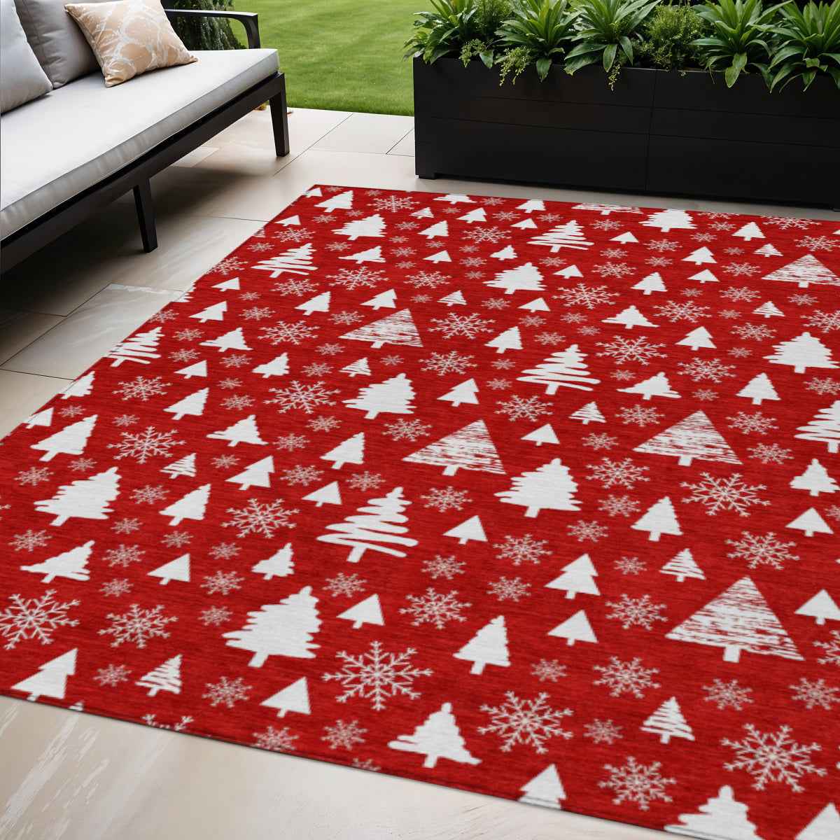 5' X 8' Red And Ivory Botanical Leaves Washable Indoor Outdoor Area Rug