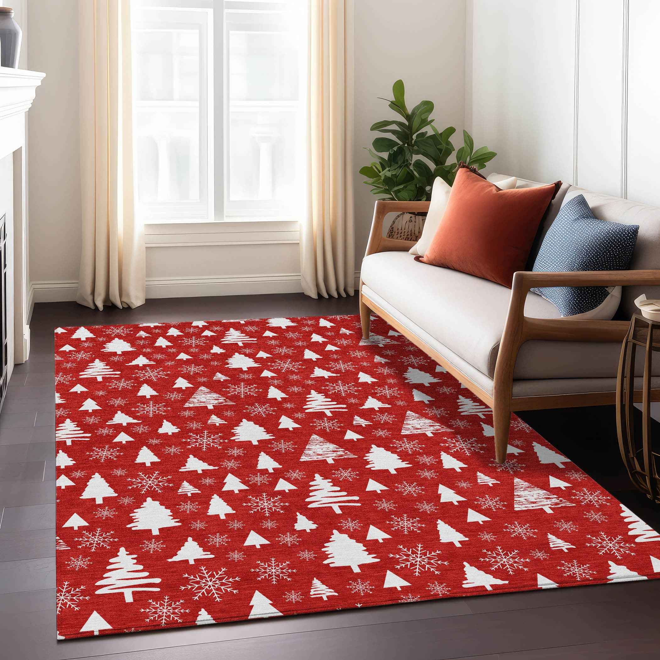 5' X 8' Red And Ivory Botanical Leaves Washable Indoor Outdoor Area Rug