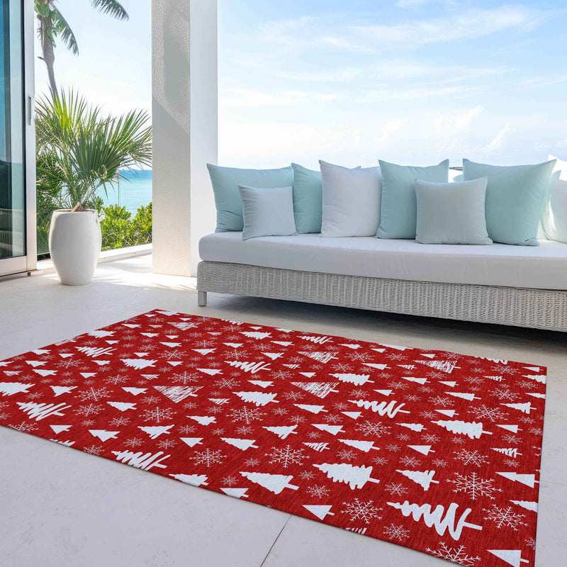 5' X 8' Red And Ivory Botanical Leaves Washable Indoor Outdoor Area Rug