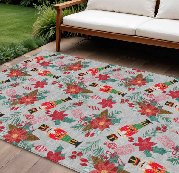 10' X 14' Silver Red Black Pink And Brown Floral Washable Indoor Outdoor Area Rug