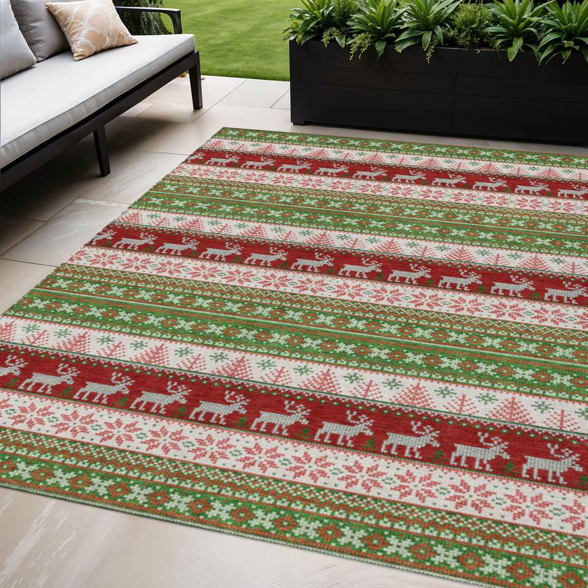 5' X 8' Green Ivory And Red Animal Print Washable Indoor Outdoor Area Rug