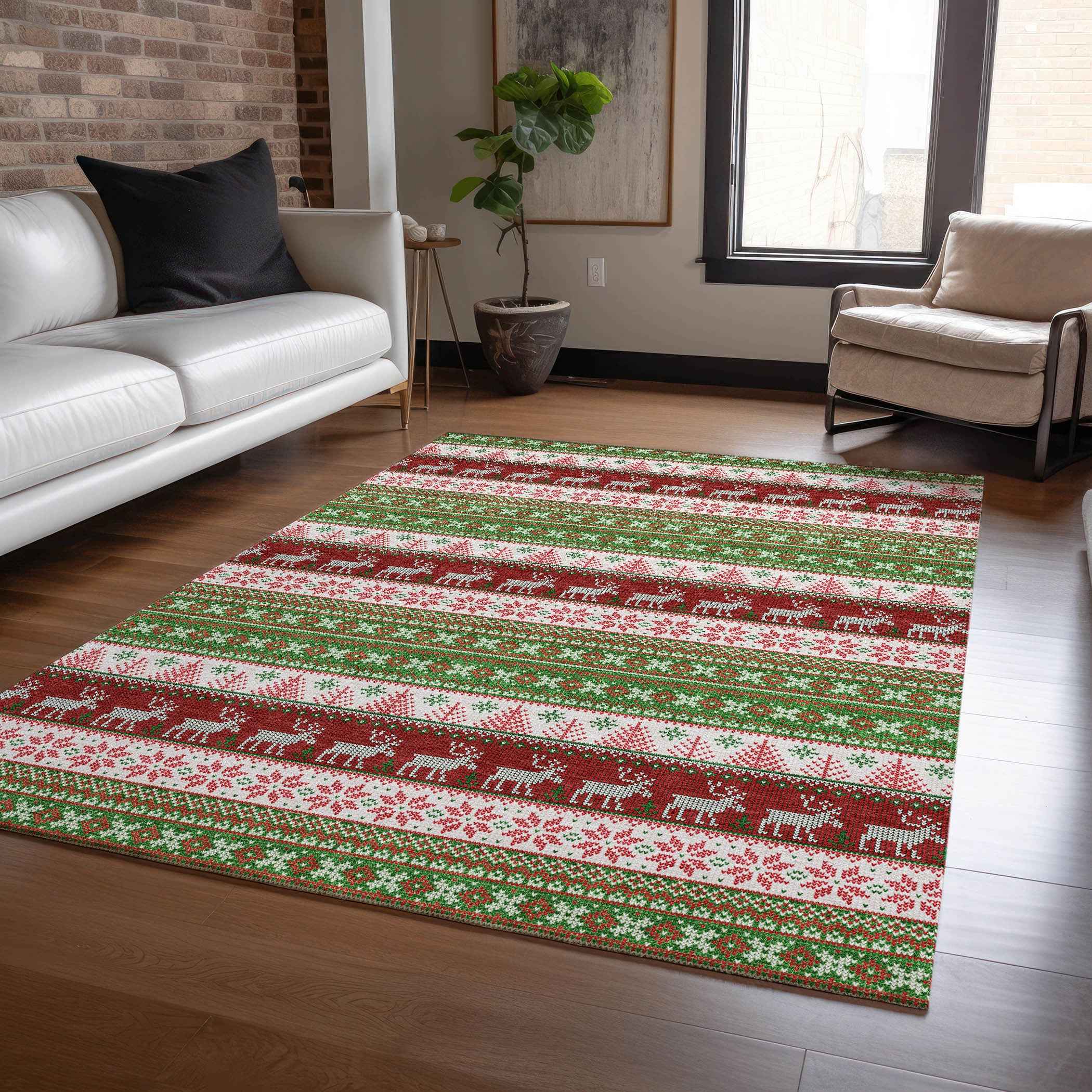 5' X 8' Green Ivory And Red Animal Print Washable Indoor Outdoor Area Rug