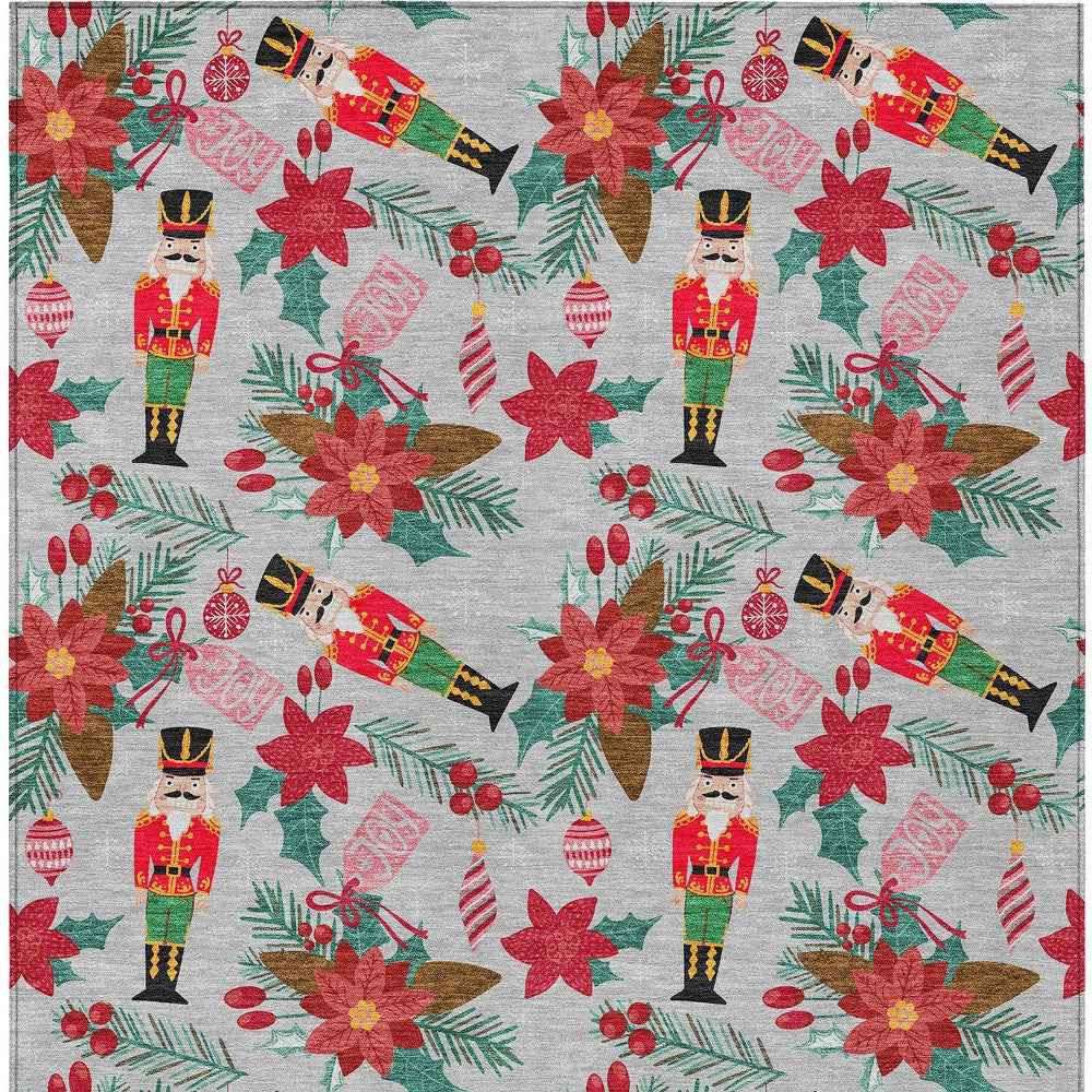 10' X 14' Silver Red Black Pink And Brown Floral Washable Indoor Outdoor Area Rug