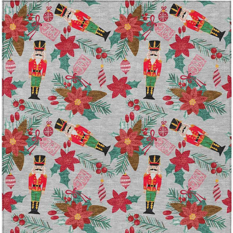 10' X 14' Silver Red Black Pink And Brown Floral Washable Indoor Outdoor Area Rug