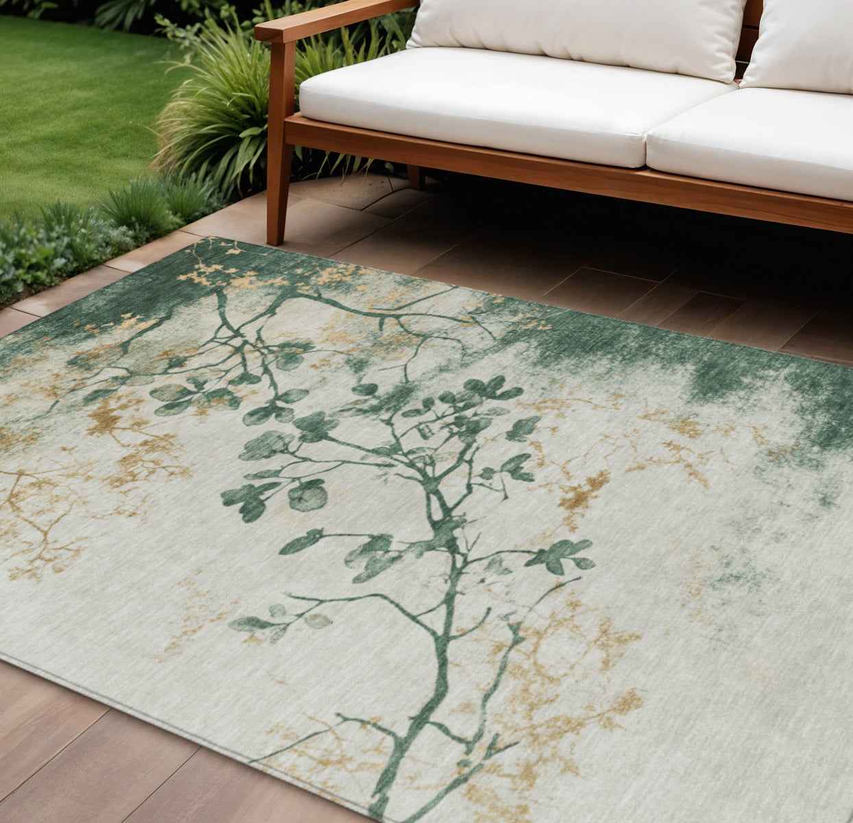 10' X 14' Emerald Ivory And Gold Floral Washable Indoor Outdoor Area Rug