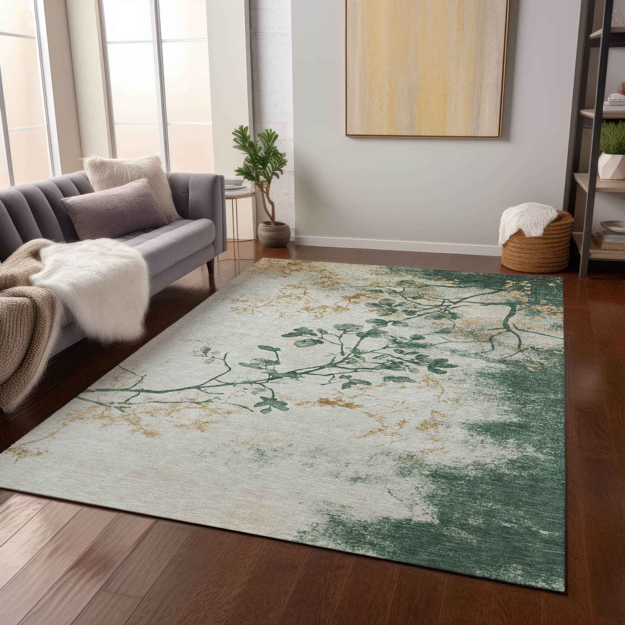 10' X 14' Emerald Ivory And Gold Floral Washable Indoor Outdoor Area Rug