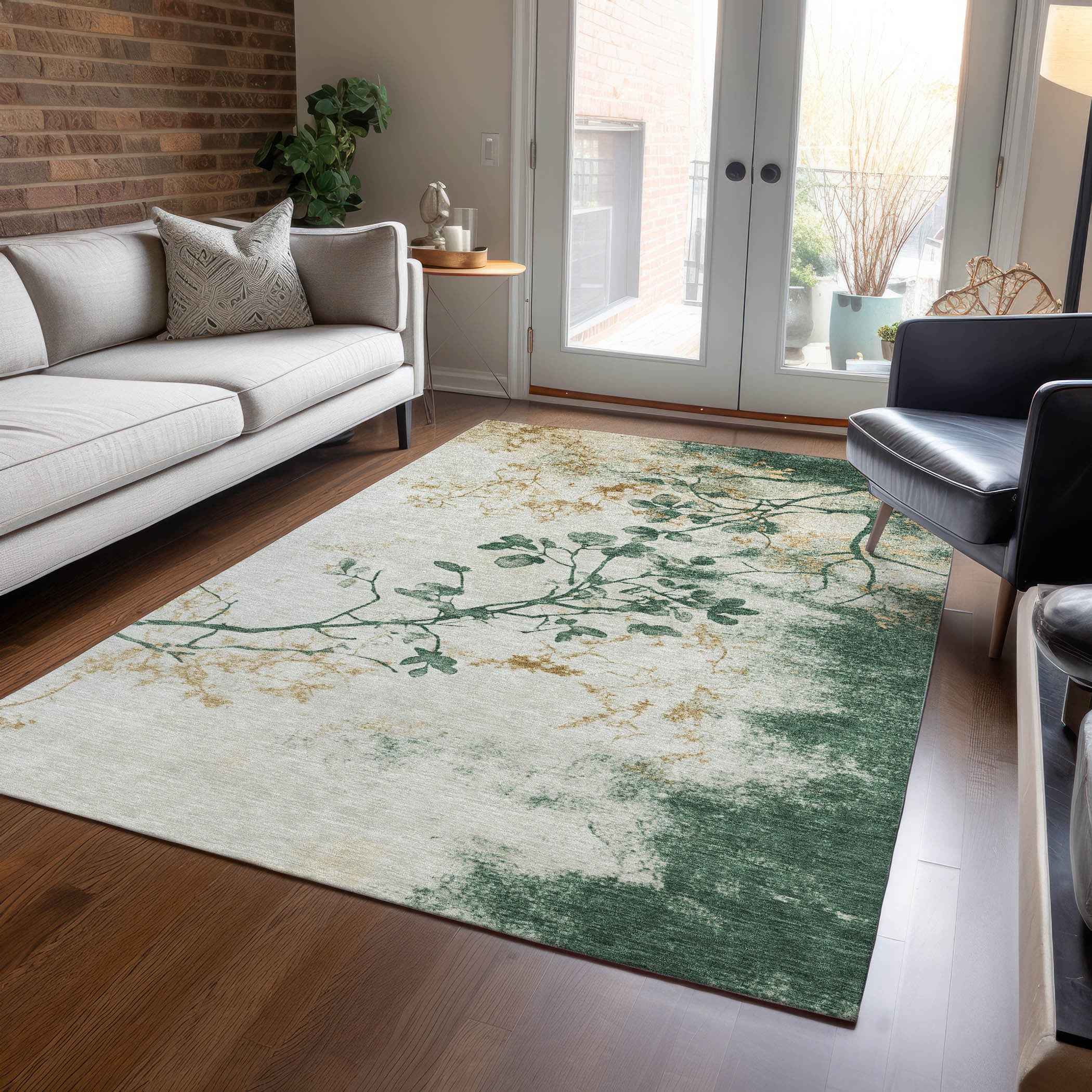 10' X 14' Emerald Ivory And Gold Floral Washable Indoor Outdoor Area Rug