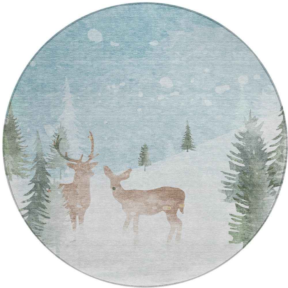 8' Sky Blue Sage Ivory And Khaki Round Animal Print Washable Indoor Outdoor Area Rug