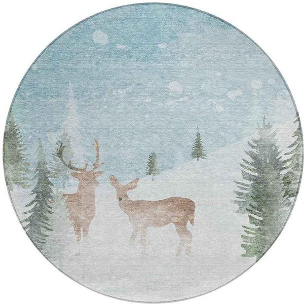 8' Sky Blue Sage Ivory And Khaki Round Animal Print Washable Indoor Outdoor Area Rug