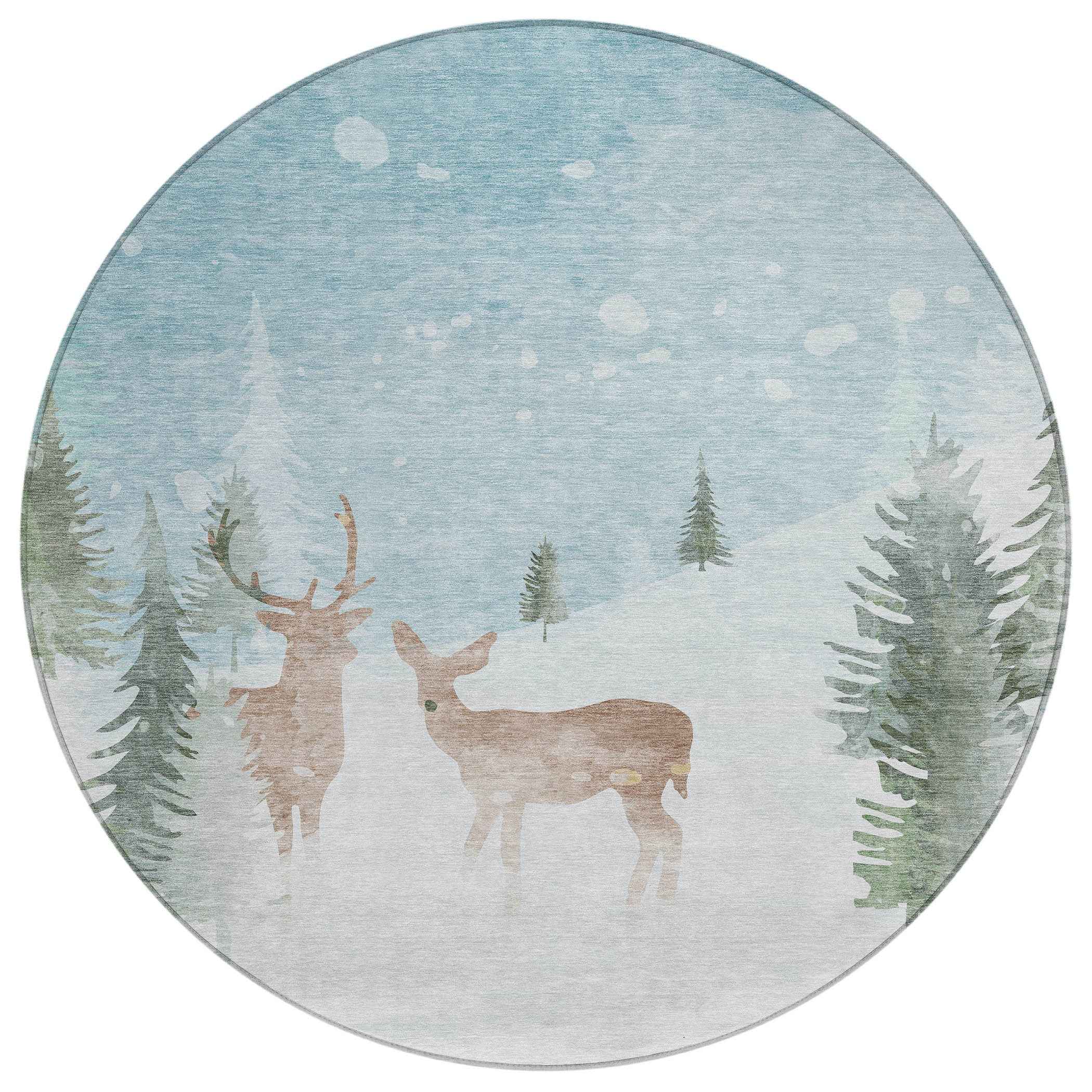 8' Sky Blue Sage Ivory And Khaki Round Animal Print Washable Indoor Outdoor Area Rug